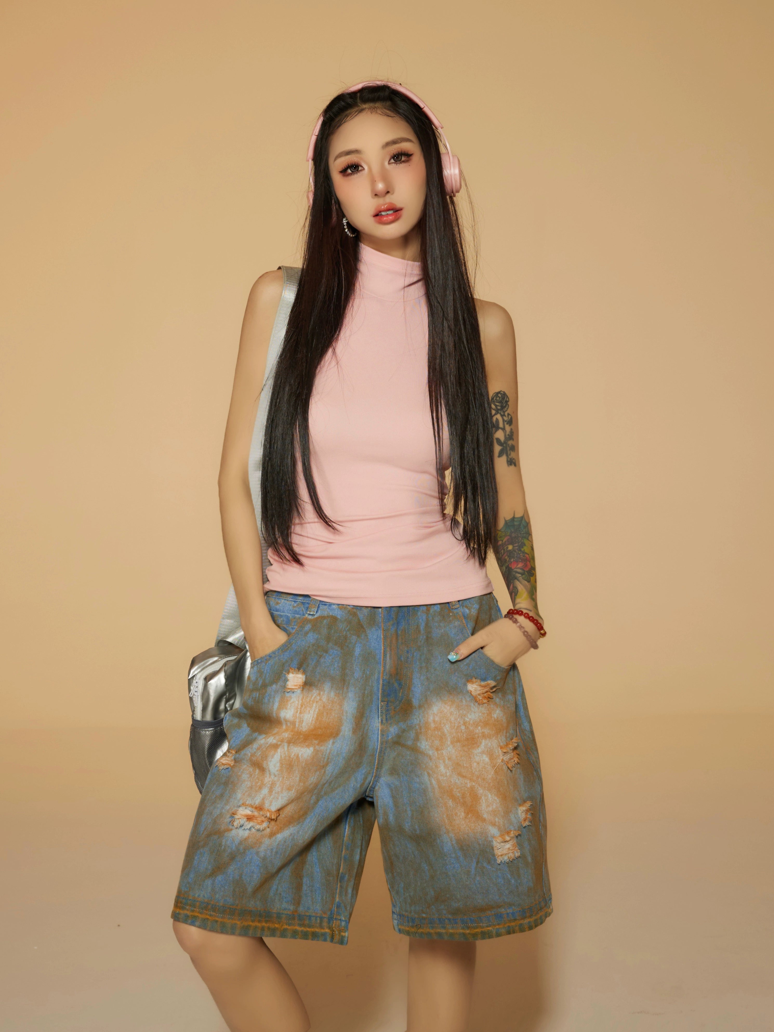 野生zerocircle复古蓝水洗低腰牛仔短裤女春小众显瘦宽松直筒裤子