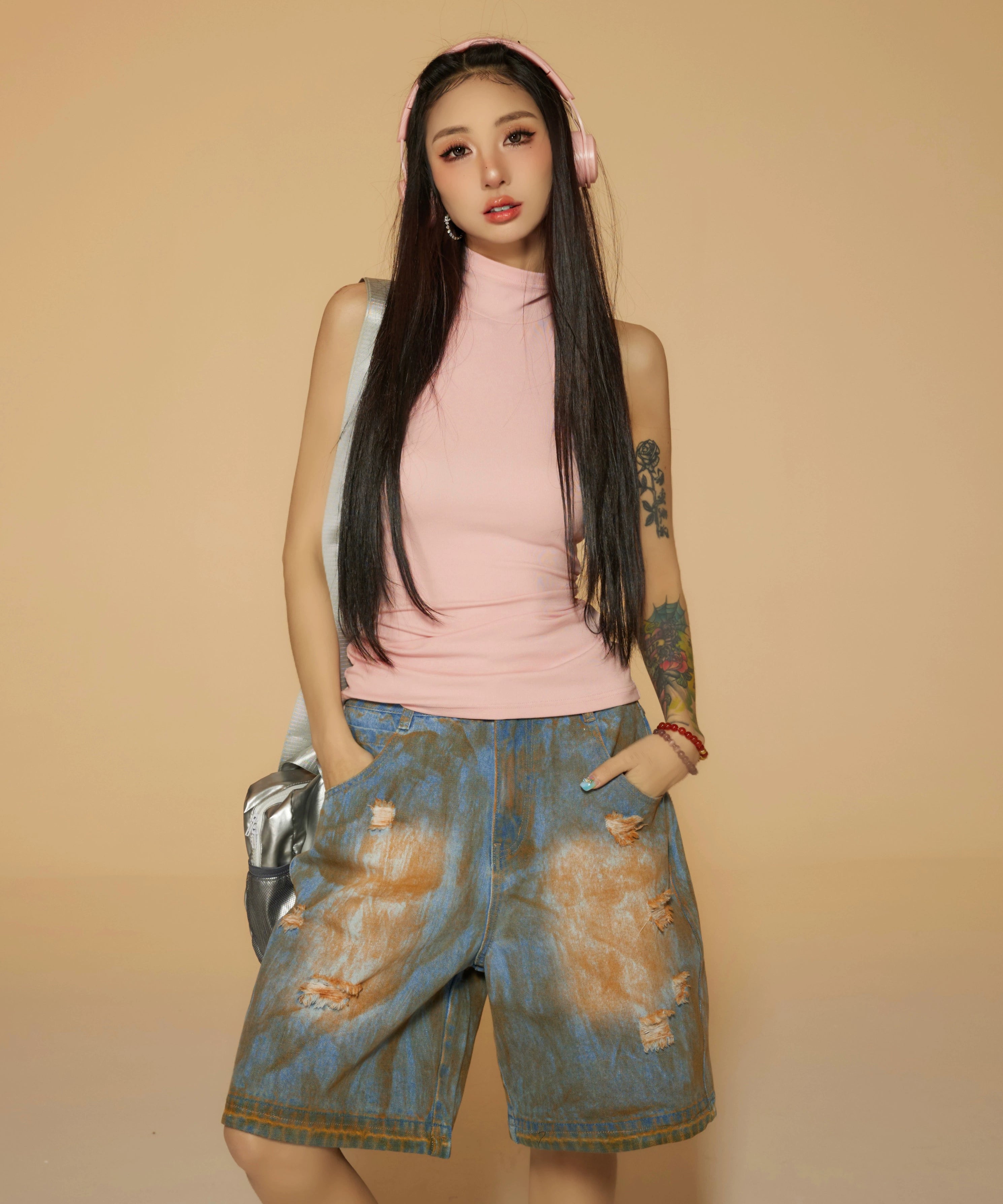 野生zerocircle复古蓝水洗低腰牛仔短裤女春小众显瘦宽松直筒裤子