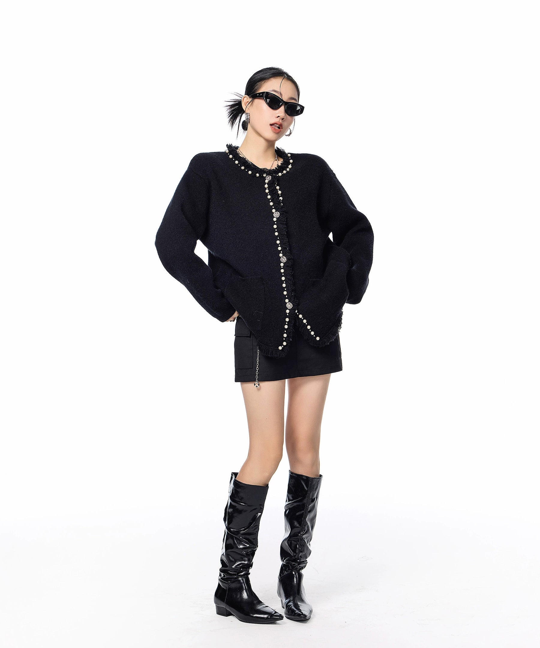 ICH MODE 美式复古珍珠流苏针织开衫女秋冬季小香风慵懒毛衣外套