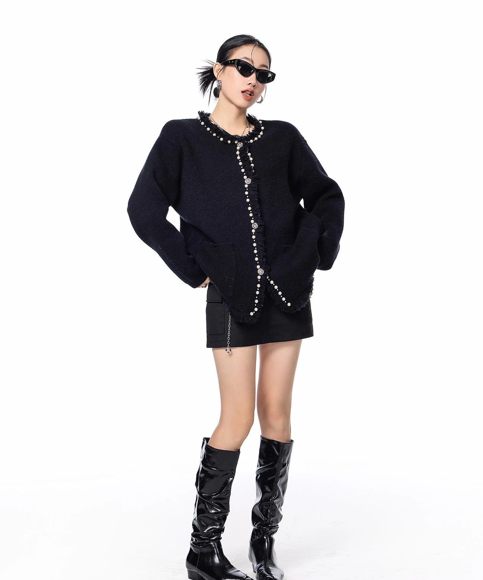 ICH MODE 美式复古珍珠流苏针织开衫女秋冬季小香风慵懒毛衣外套