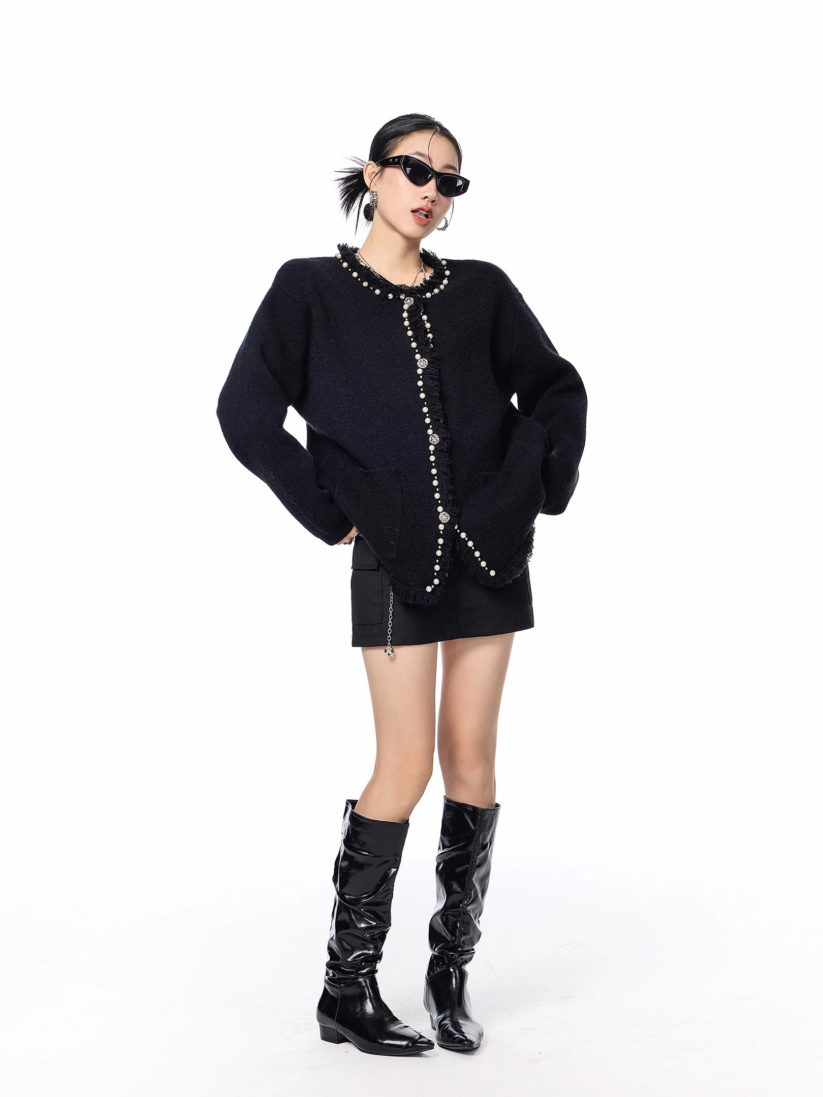 ICH MODE 美式复古珍珠流苏针织开衫女秋冬季小香风慵懒毛衣外套