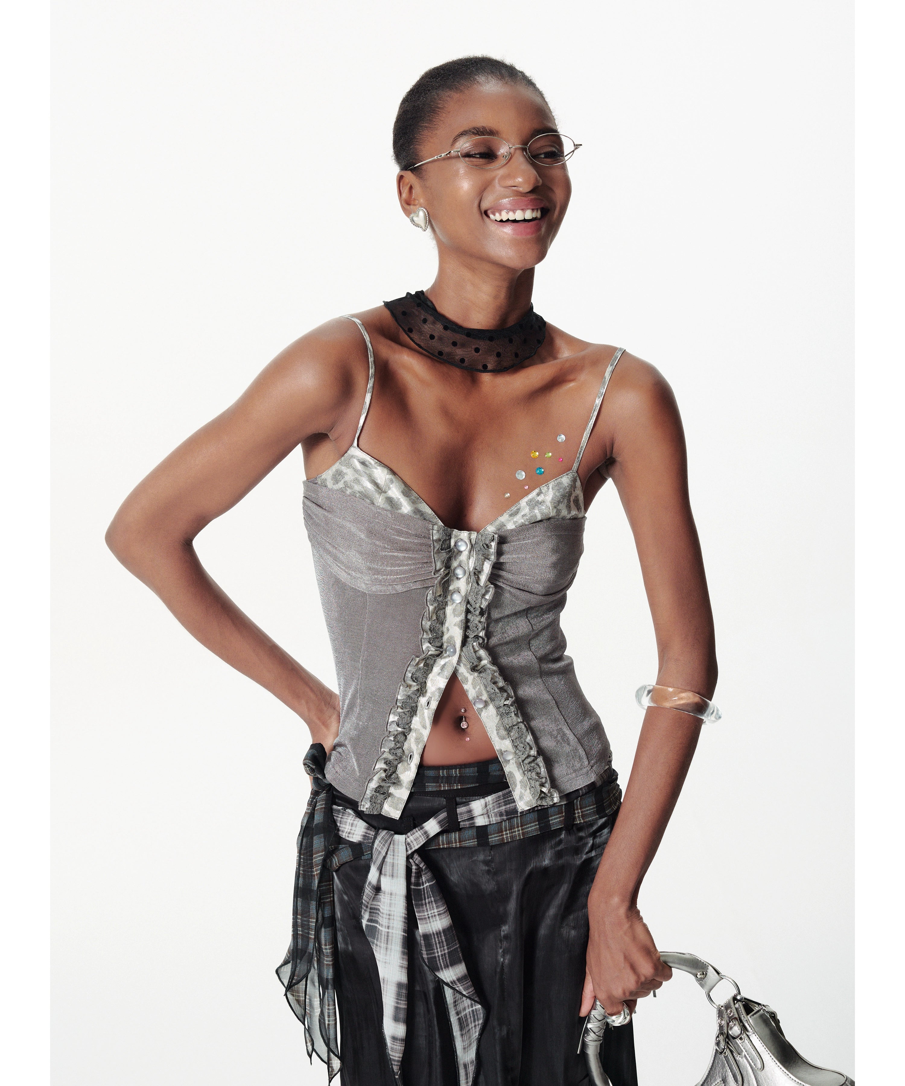 2th Desire亮闪修身曲线豹纹肌理荷叶边蕾丝花边拼接针织吊带背心