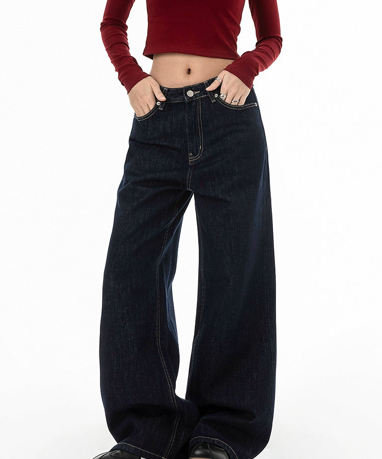 ICH MODE 美式复古丹宁蓝牛仔裤女秋冬宽松直筒裤休闲运动阔腿裤