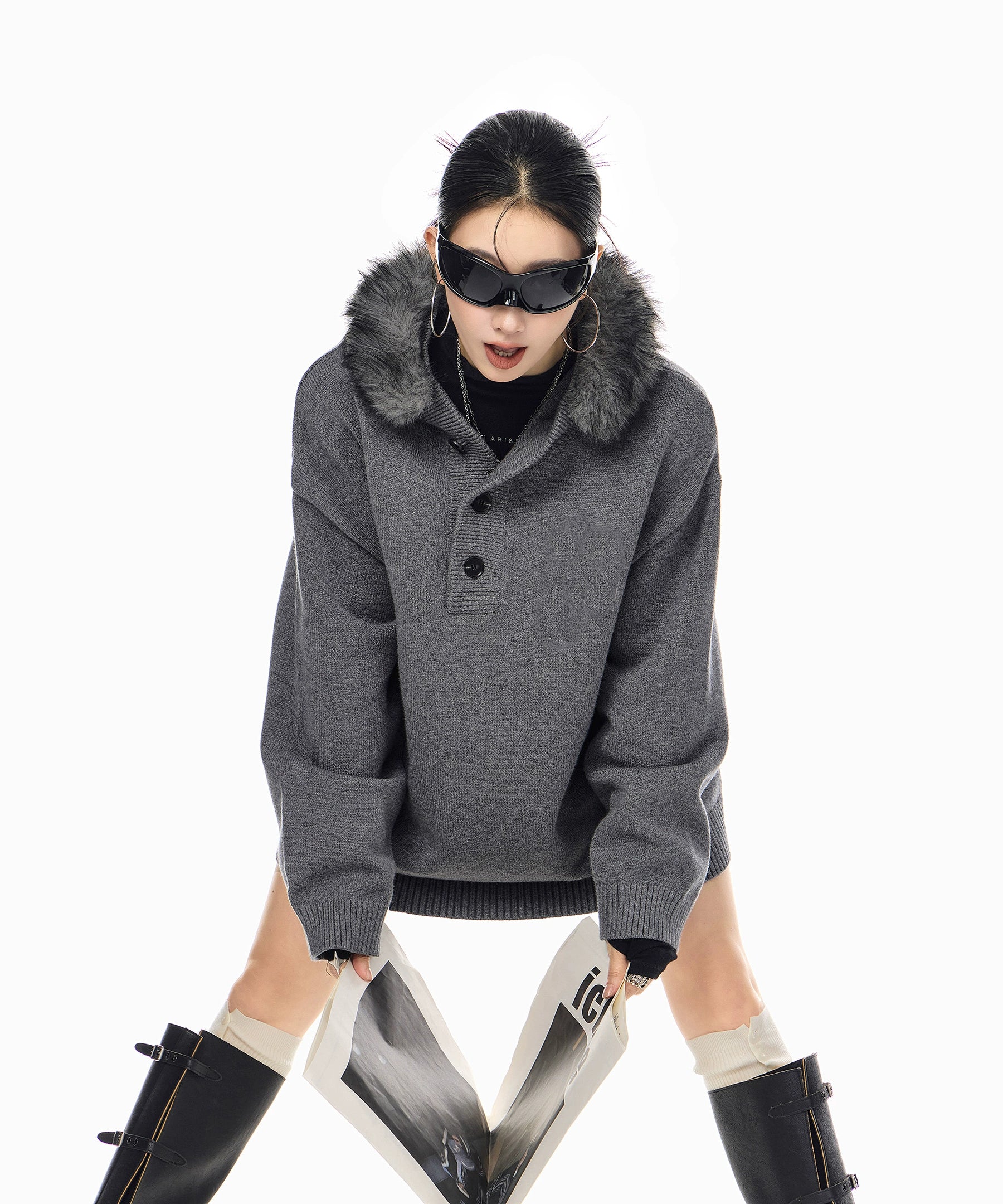 ICH MODE 美式复古毛领毛衣女秋冬季慵懒宽松连帽针织衫宽松外套