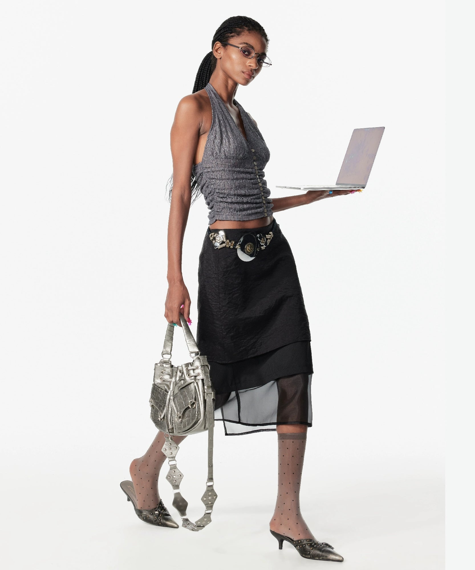 2th Desire亮闪肌理不规则豹纹褶皱贝壳扣辣妹背心吊带挂脖上衣女