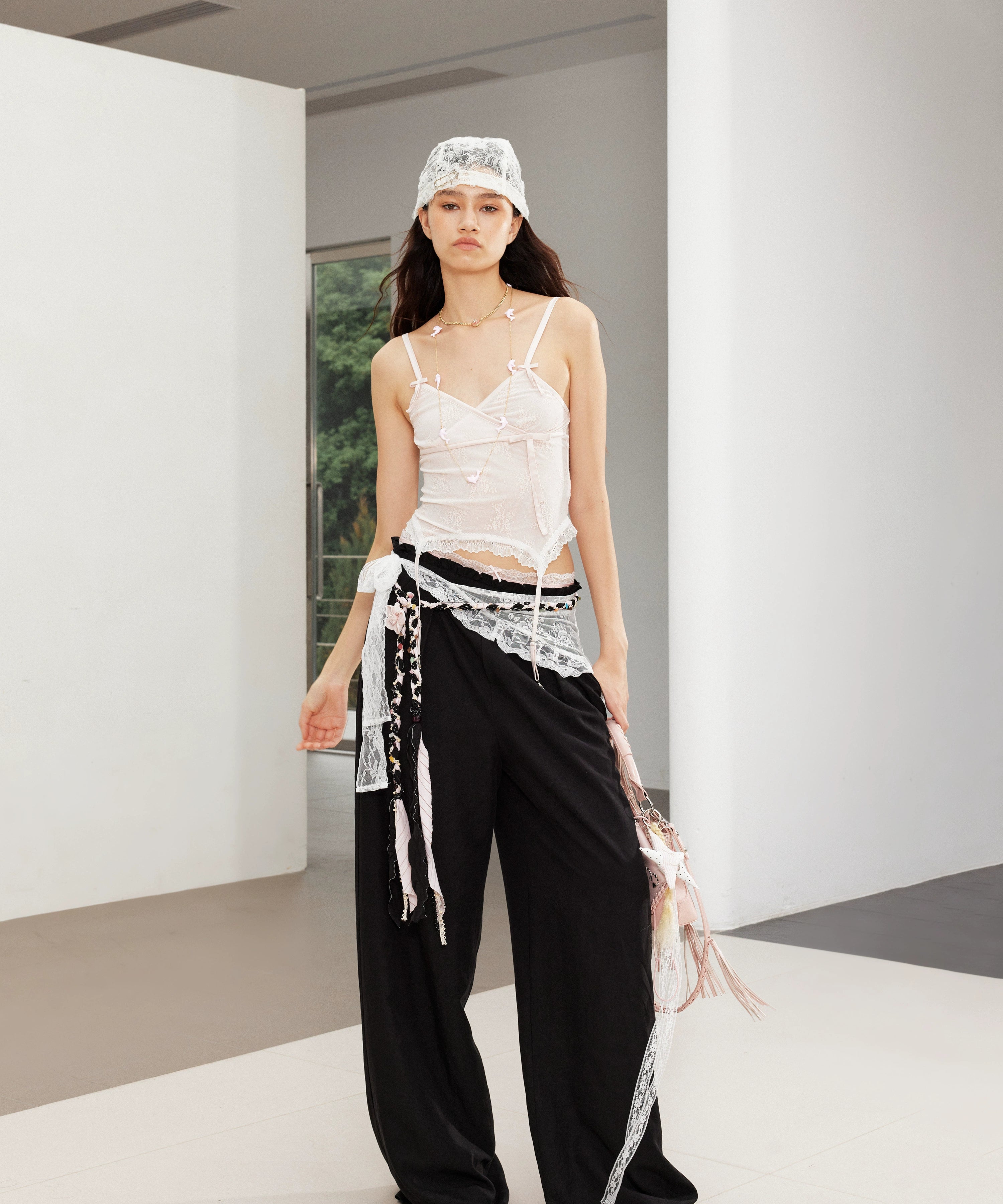 2th Desire复古松弛垂坠撞色腰头蕾丝花边拼接宽松直筒亚麻休闲裤