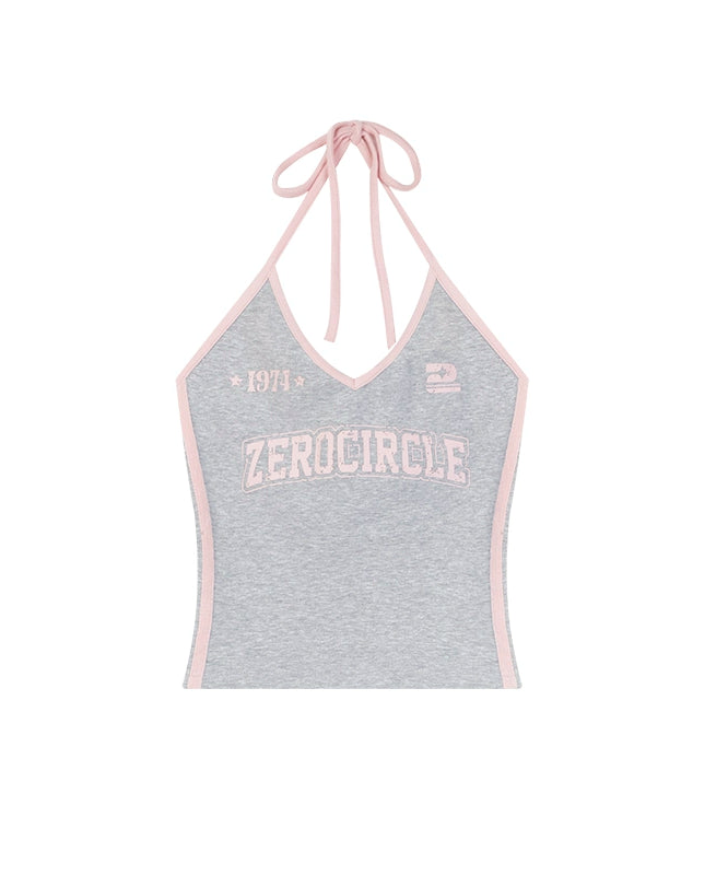 野生zero 灰色挂脖吊带背心女夏外穿小众辣妹修身印花v领无袖上衣