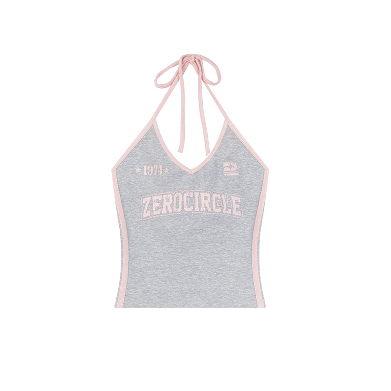 野生zero 灰色挂脖吊带背心女夏外穿小众辣妹修身印花v领无袖上衣