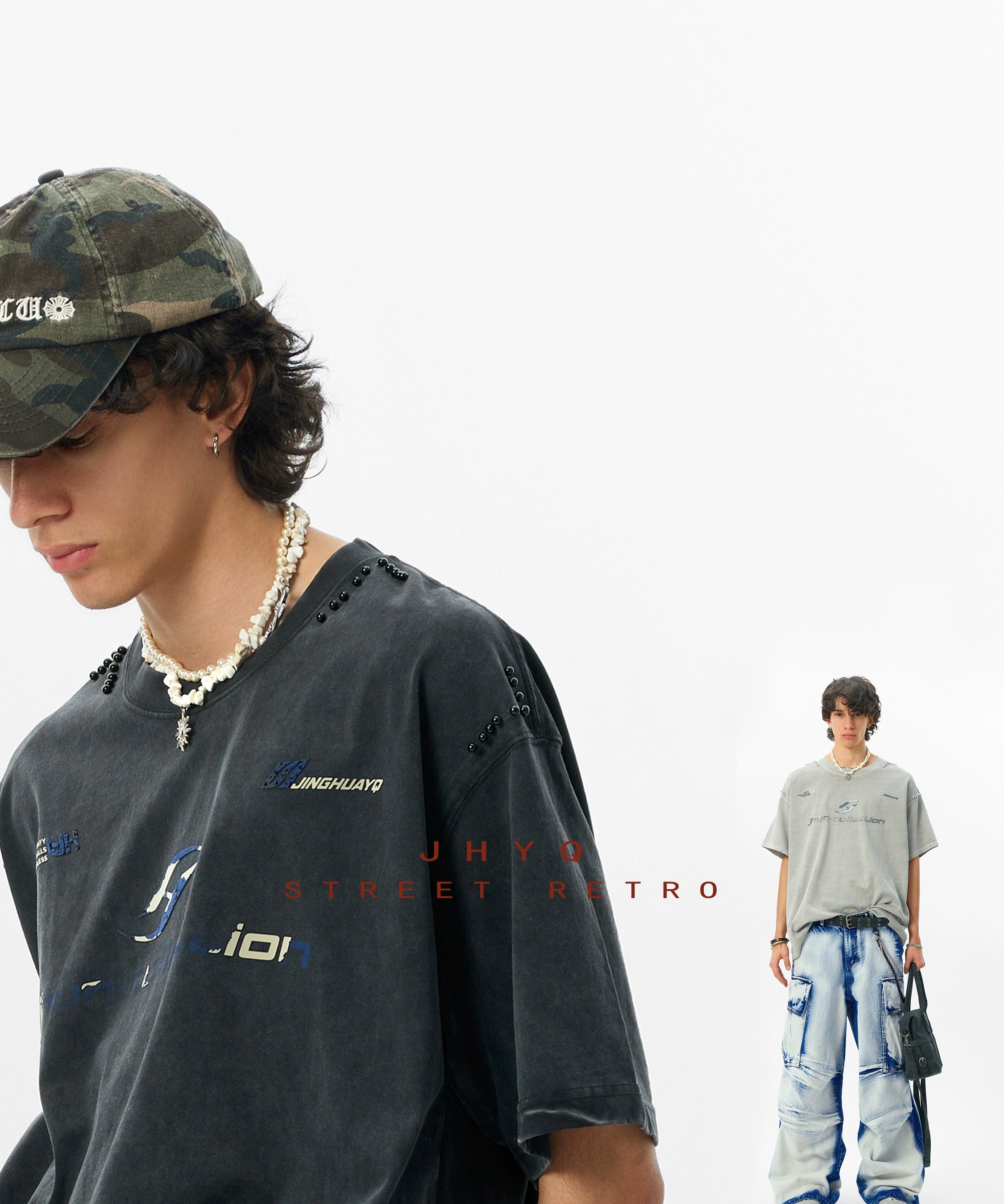 【水洗系列】JHYQ美式280g破坏字母印花钉珠短袖t恤男宽松潮嘻哈