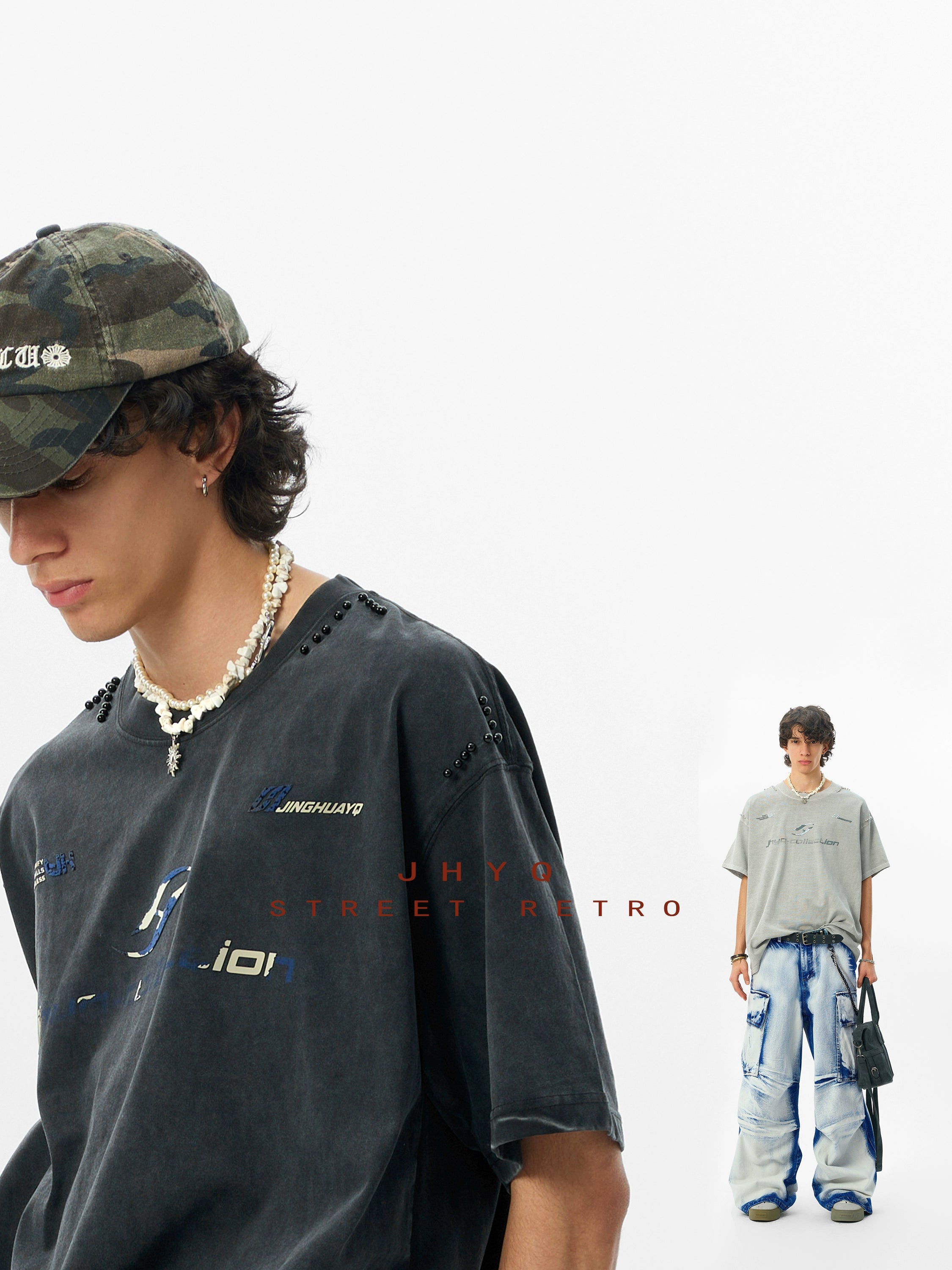 【水洗系列】JHYQ美式280g破坏字母印花钉珠短袖t恤男宽松潮嘻哈