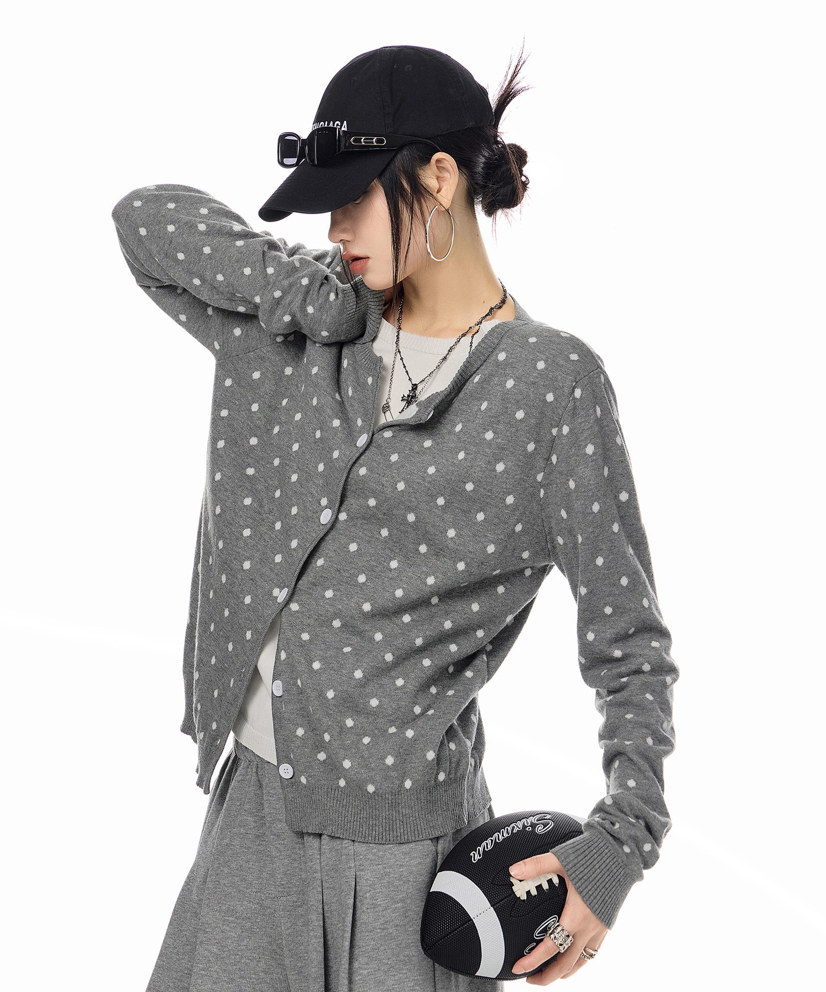 ICH MODE 美式复古修身波点针织开衫女2025新款秋冬慵懒毛衣外套