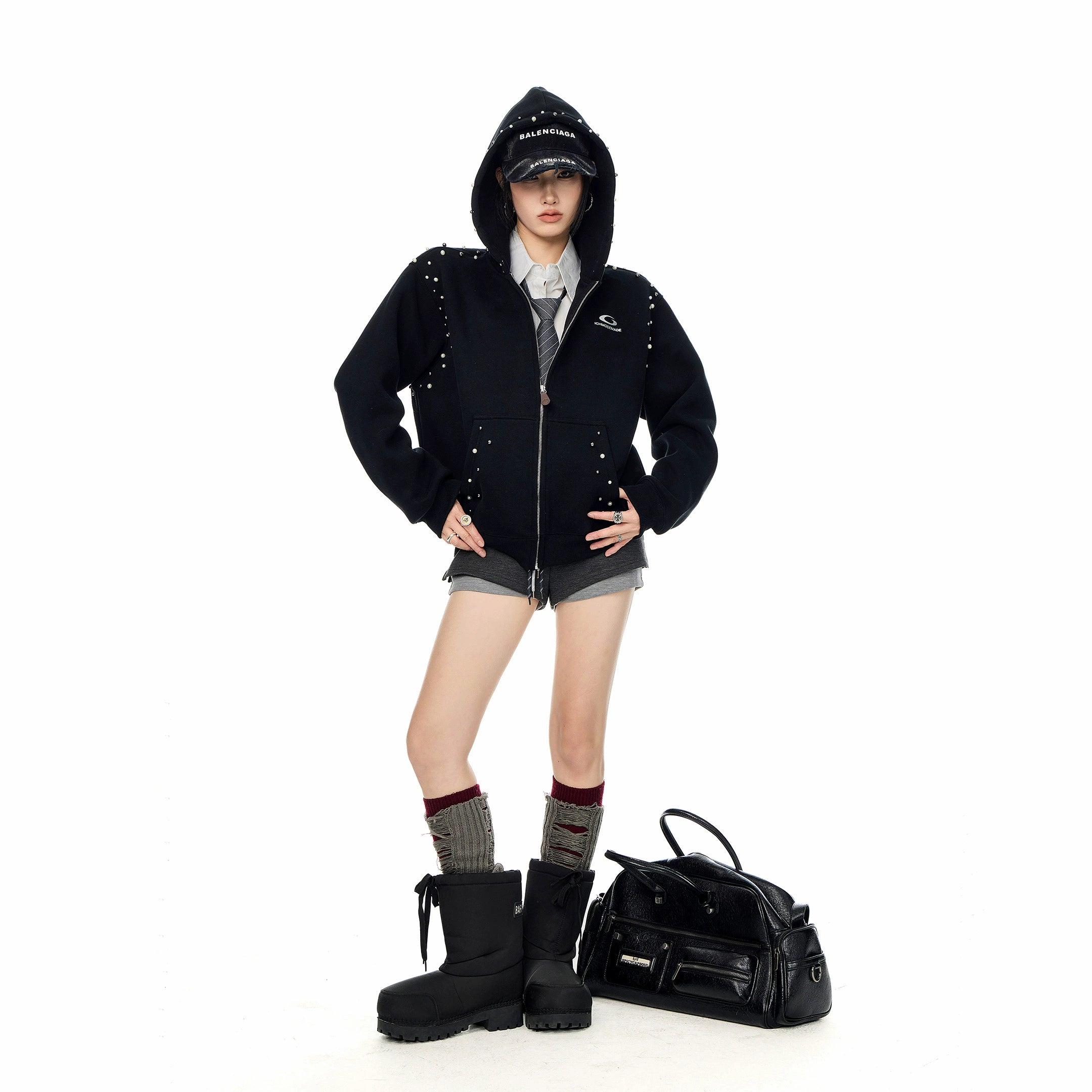 ICH MODE 美式复古珍珠连帽外套女2025新款秋冬宽松卫衣开衫上衣