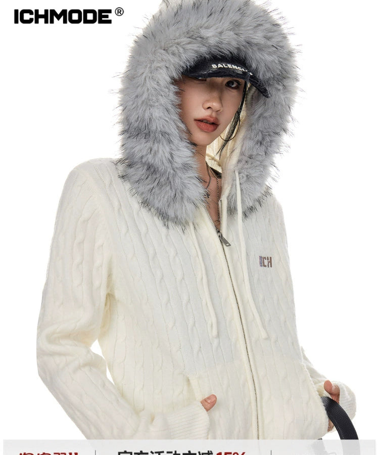 ICH MODE 美式复古刺绣毛领连帽针织开衫女秋冬休闲慵懒毛衣外套