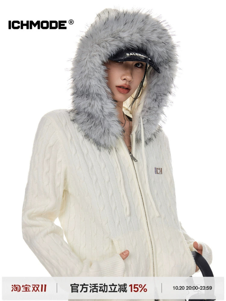 ICH MODE 美式复古刺绣毛领连帽针织开衫女秋冬休闲慵懒毛衣外套