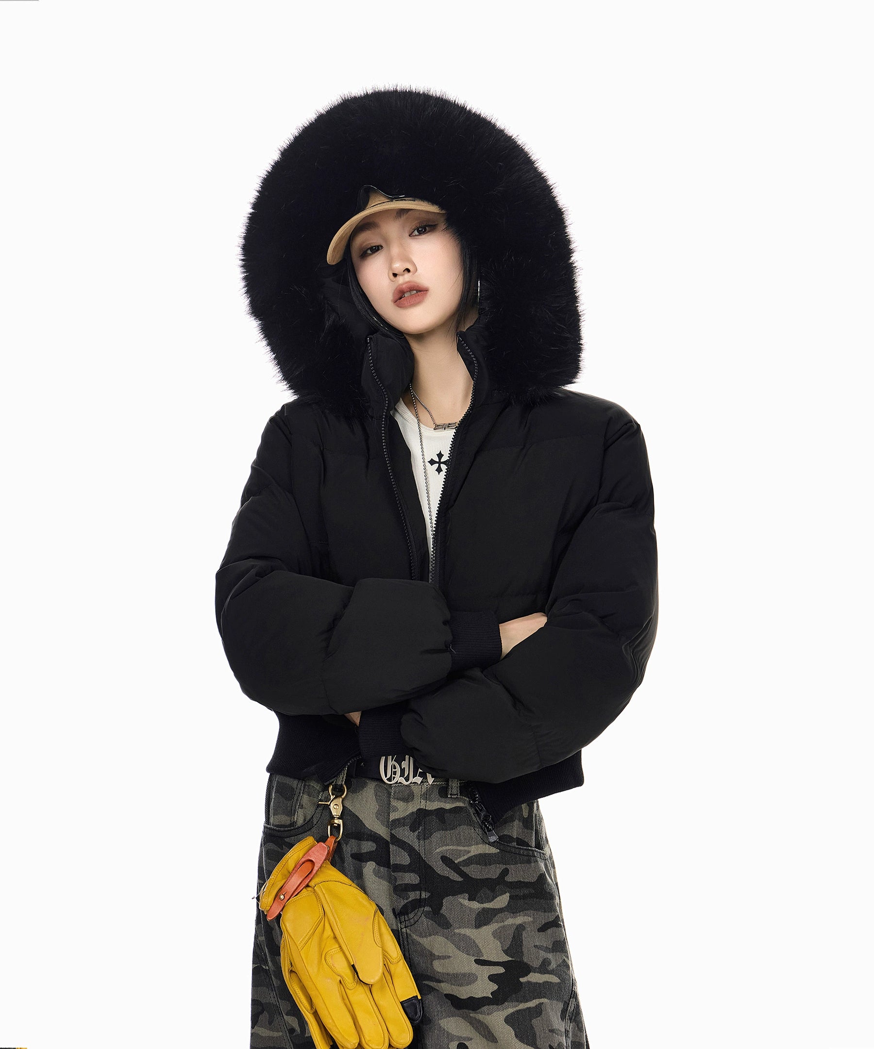 ICH MODE 美式复古大毛领短款棉服女秋冬季连帽开衫棉袄修身外套