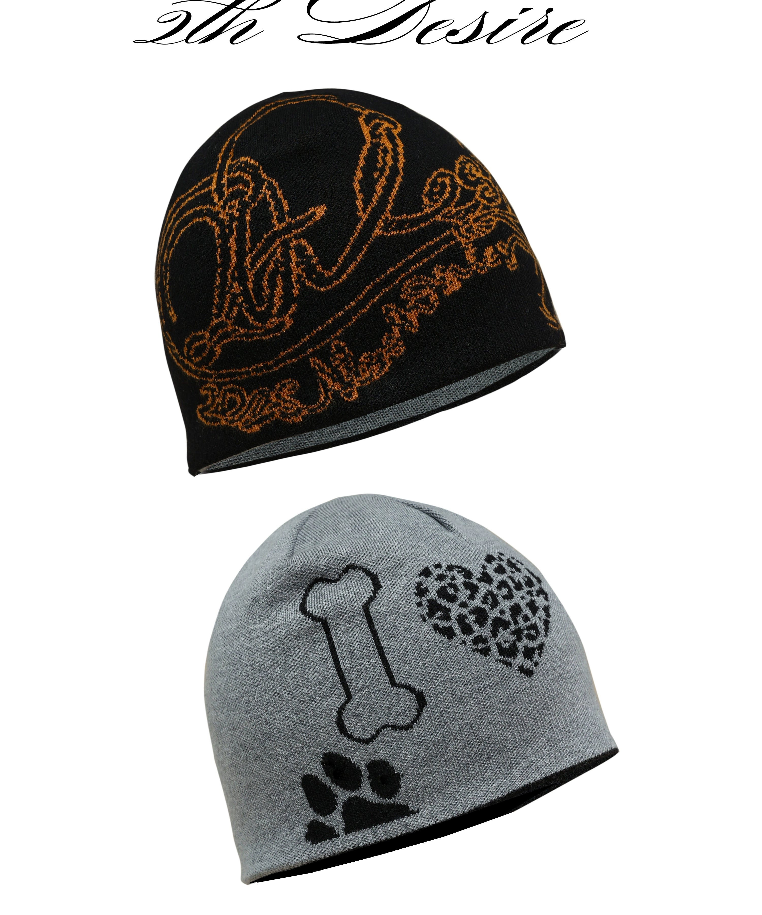 2th Desire设计感撞色印花双面戴针织毛线帽冬季保暖包头帽冷帽