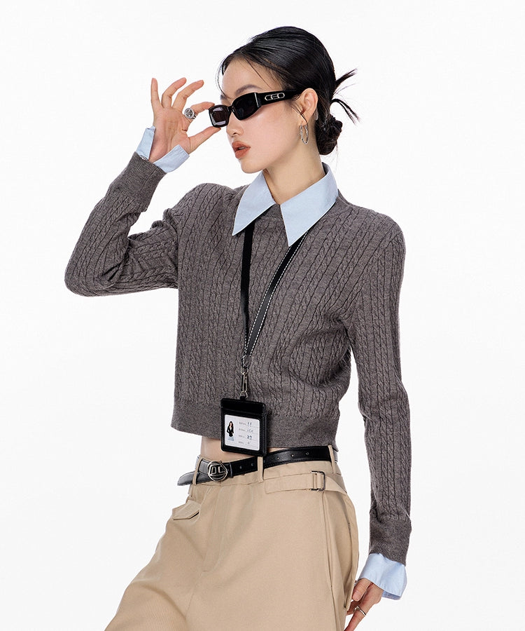 ICH MODE 美式复古假两件毛针织衫女2025秋冬新款衬衫领套头毛衣