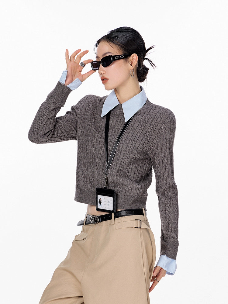 ICH MODE 美式复古假两件毛针织衫女2025秋冬新款衬衫领套头毛衣