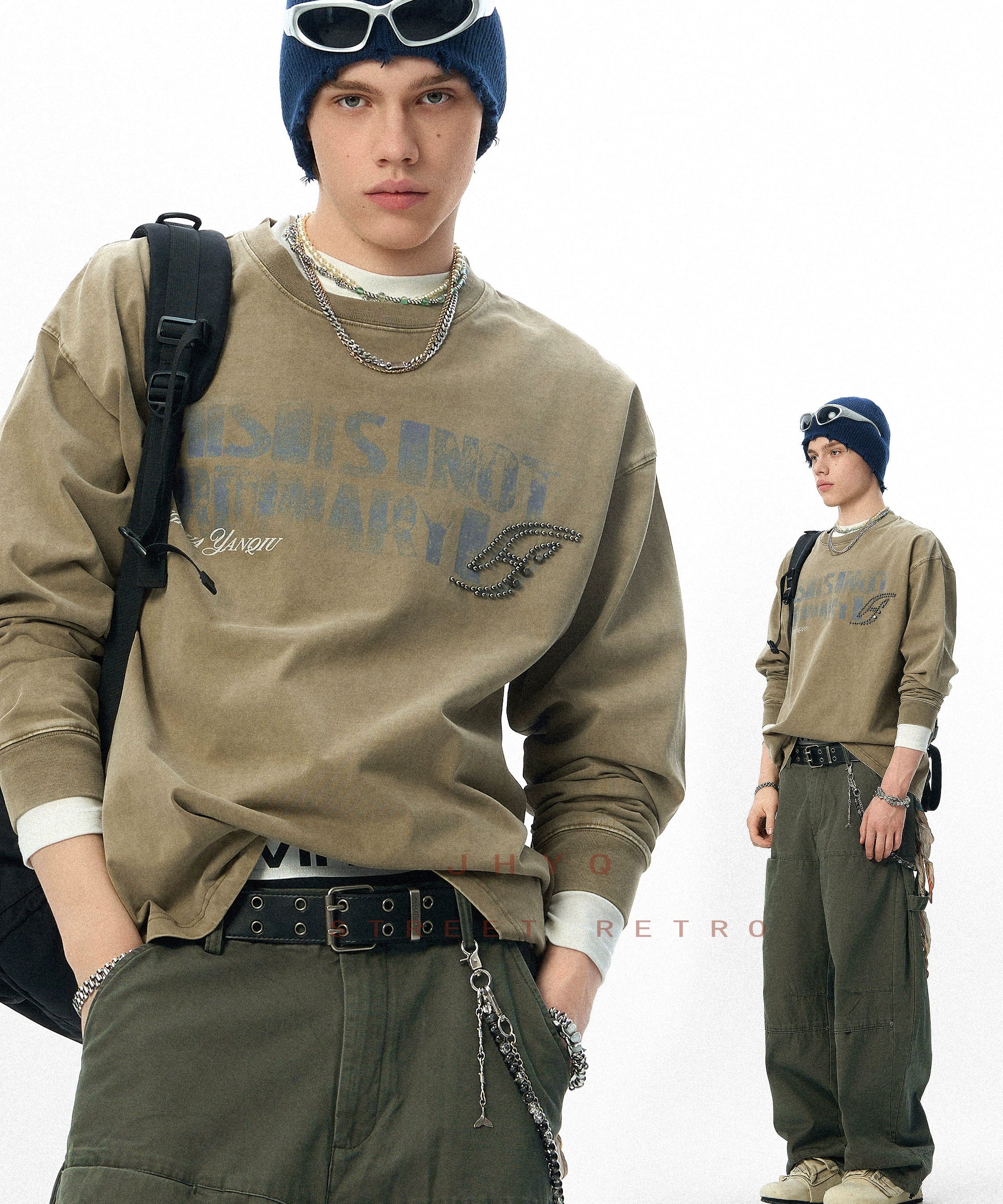 水洗系列丨JHYQ美式重磅320g长袖T恤男打钉宽松做旧字母印花卫衣