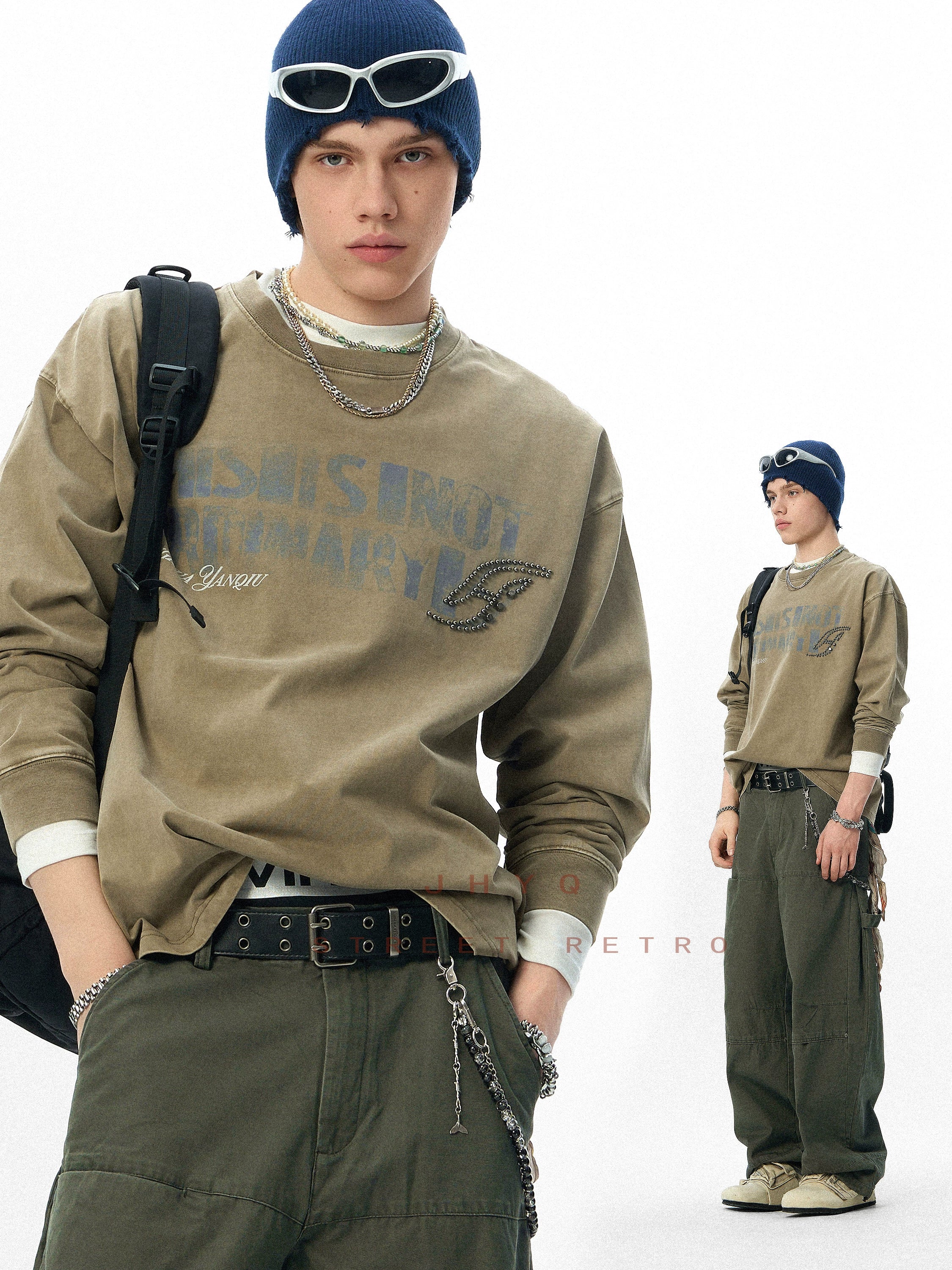 水洗系列丨JHYQ美式重磅320g长袖T恤男打钉宽松做旧字母印花卫衣