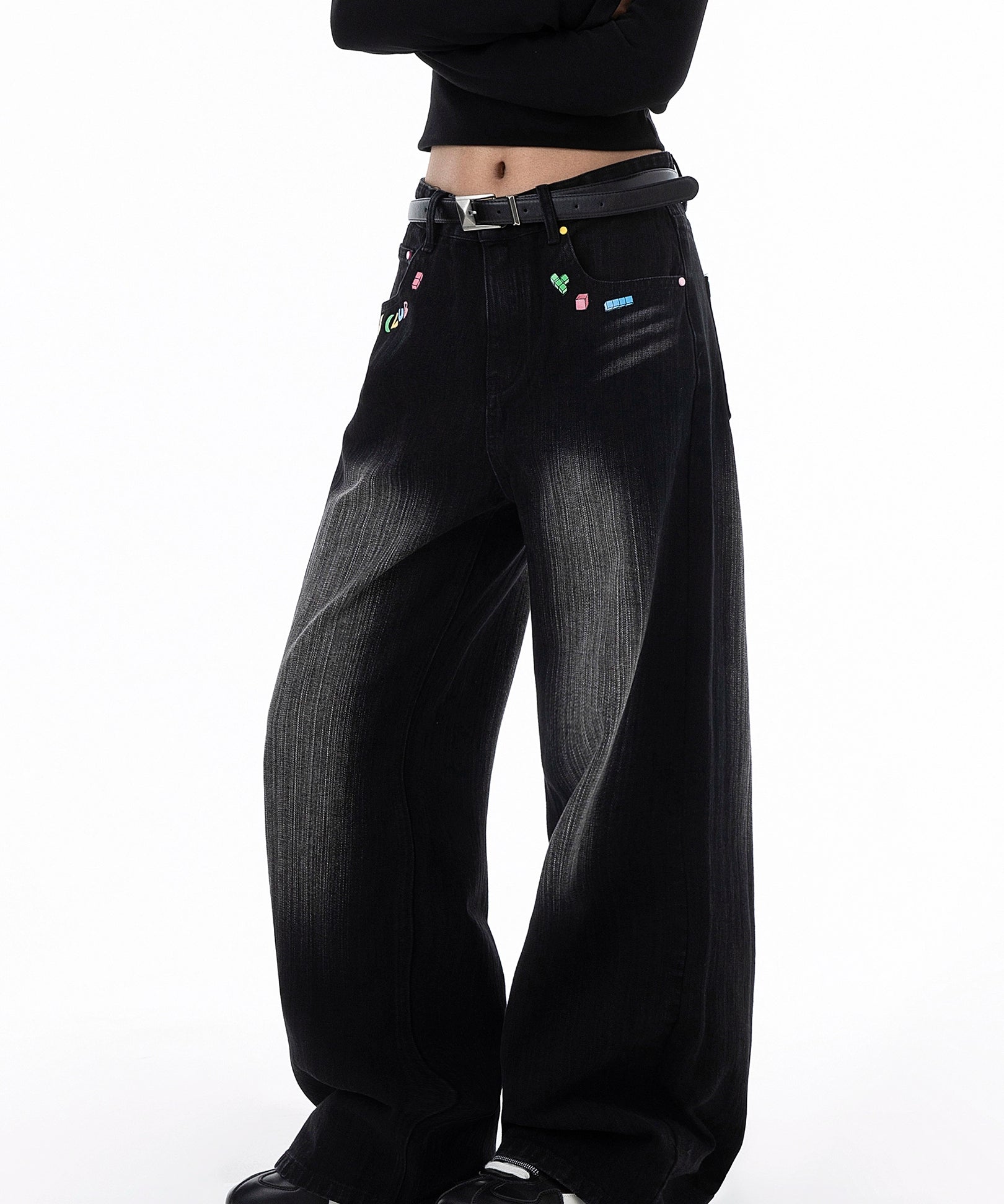 ICH MODE 美式复古水洗牛仔裤女秋冬新款直筒宽松裤子休闲阔腿裤