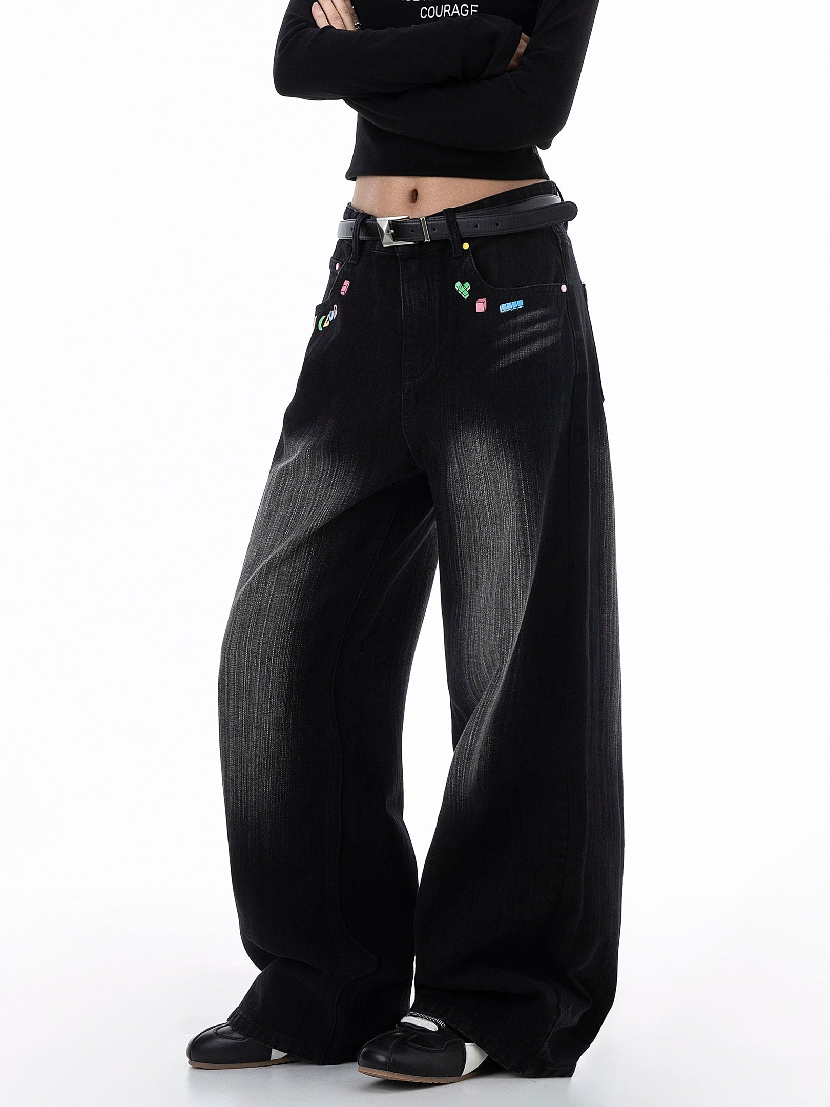 ICH MODE 美式复古水洗牛仔裤女秋冬新款直筒宽松裤子休闲阔腿裤