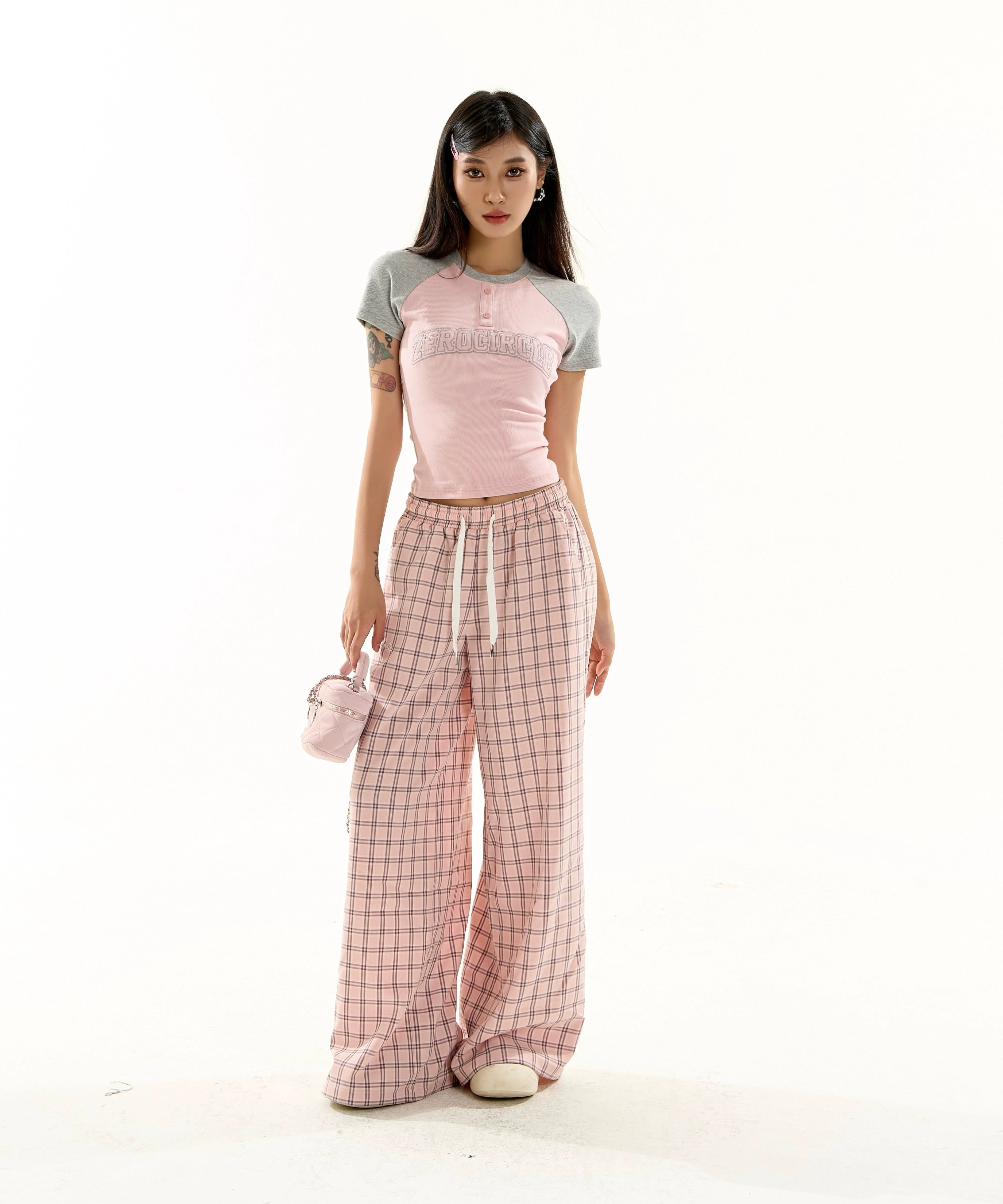 野生zero蓝格子裤女夏季薄款松紧腰慵懒宽松阔腿直筒休闲显瘦裤子