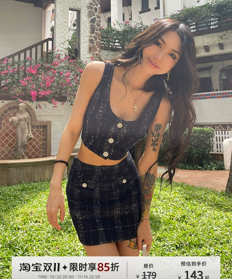 野生zero 蓝色小香套装女夏季外穿短款吊带背心格子a字半身短裙子