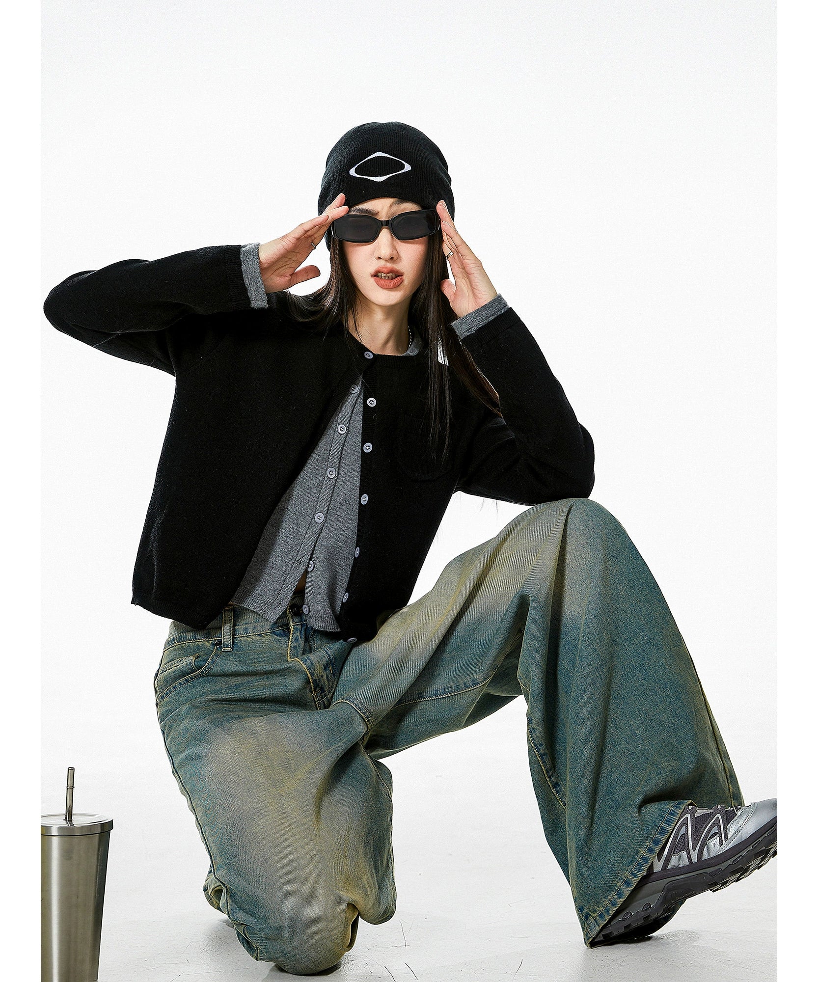 ICH MODE 美式复古假两件针织开衫女秋冬毛衣外套打底衫长袖上衣