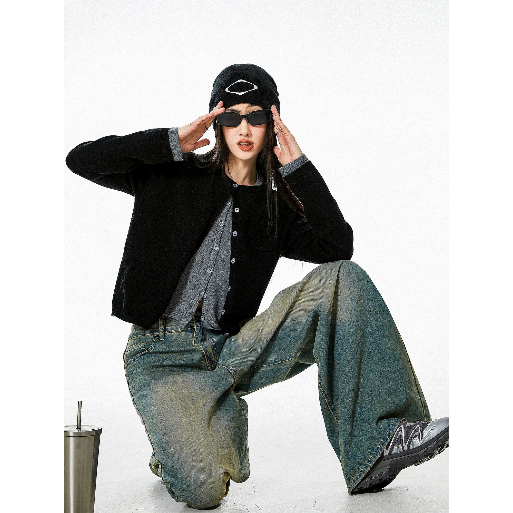 ICH MODE 美式复古假两件针织开衫女秋冬毛衣外套打底衫长袖上衣