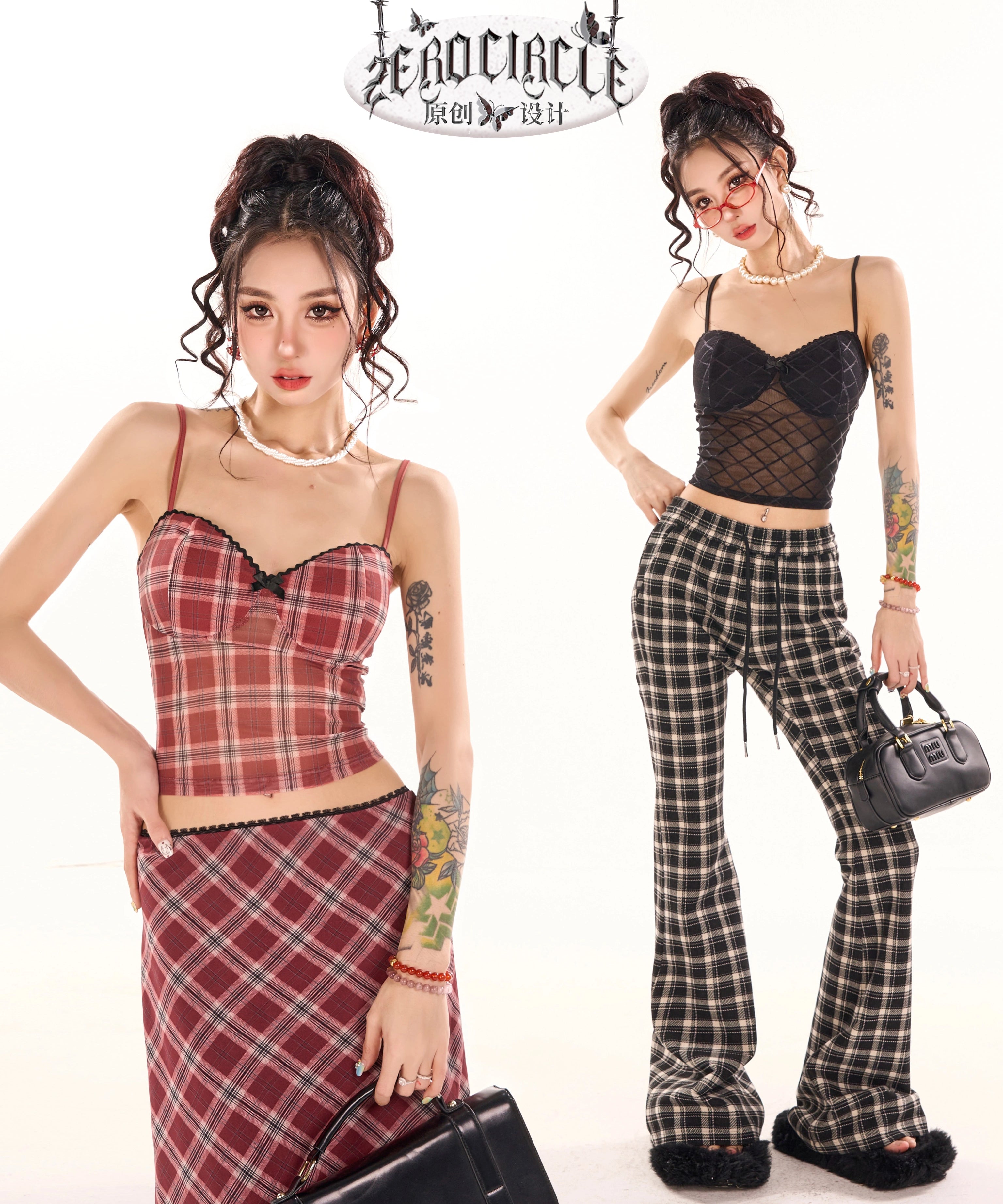 野生zerocircle黑红色格子吊带胸垫背心内搭女春夏季辣妹网纱上衣