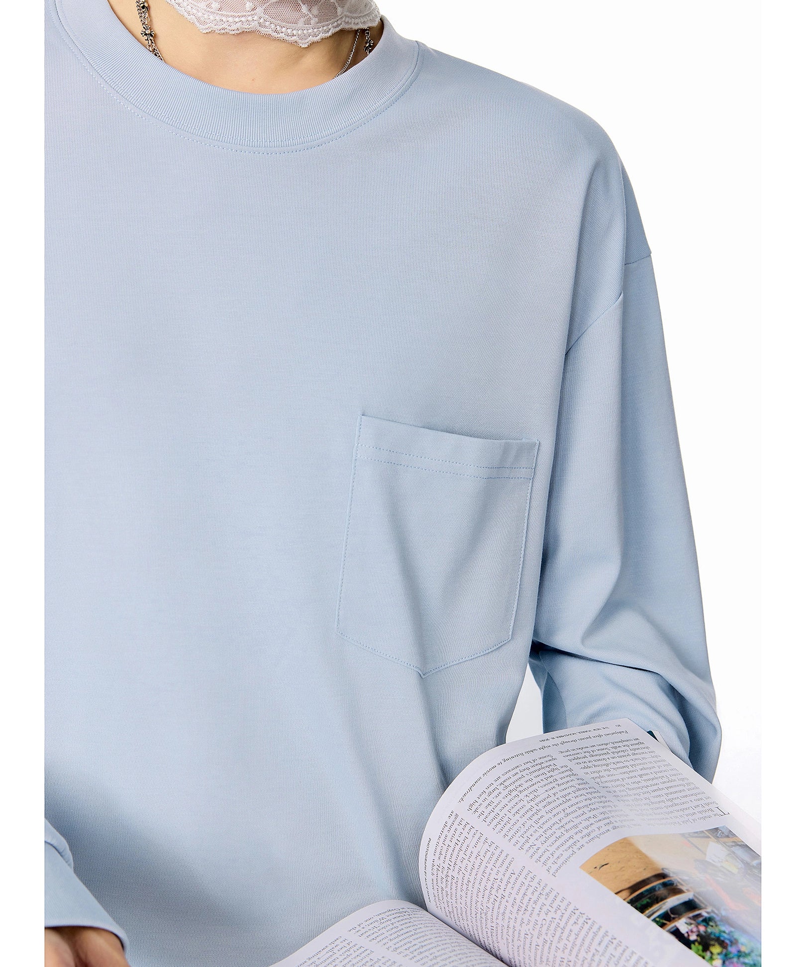 ICH MODE 美式圆领正肩长袖T恤女2025秋冬新款宽松纯色上衣打底衫