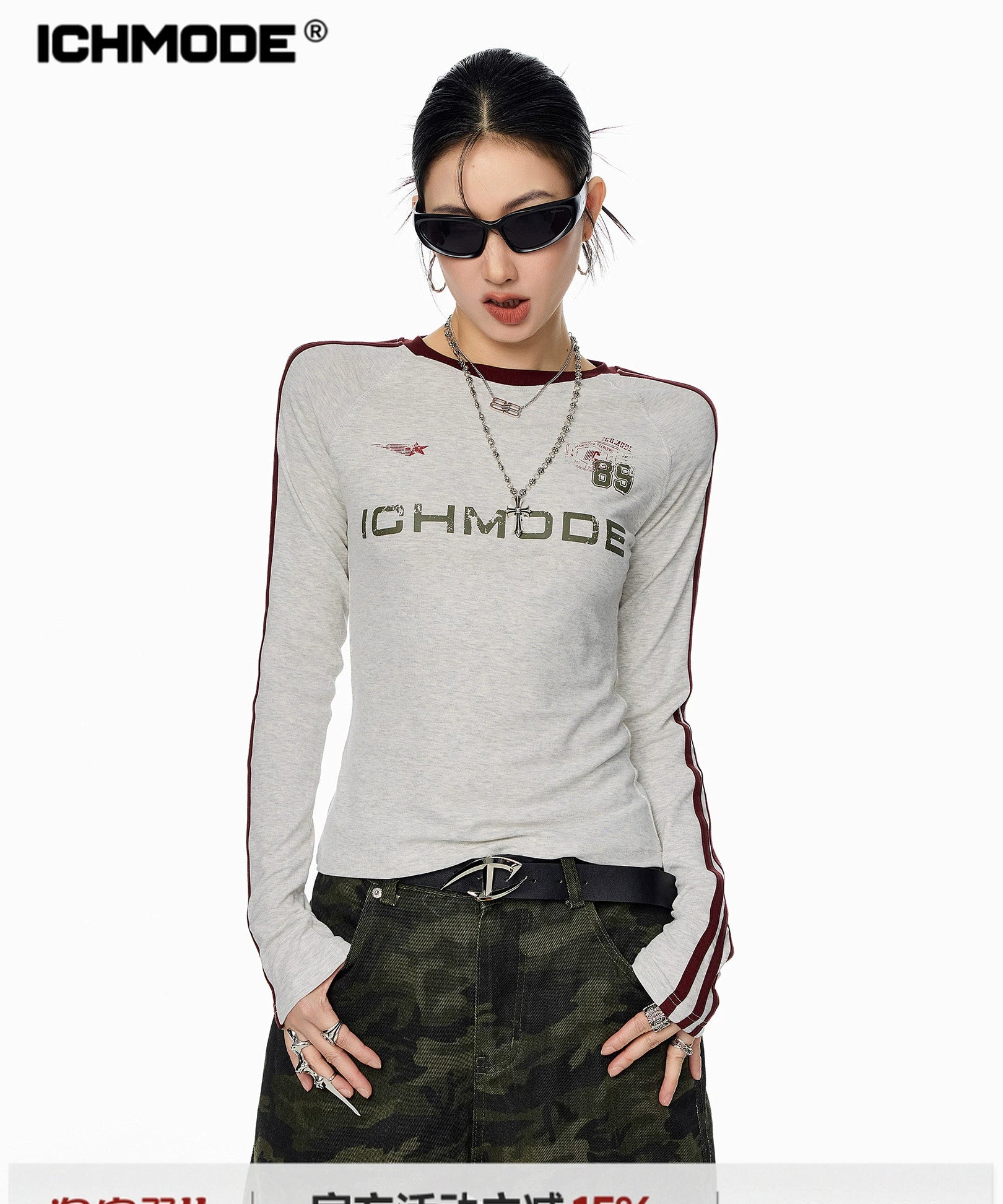 ICH MODE 美式复古正肩长袖T恤女秋冬新款修身运动正肩上衣打底衫