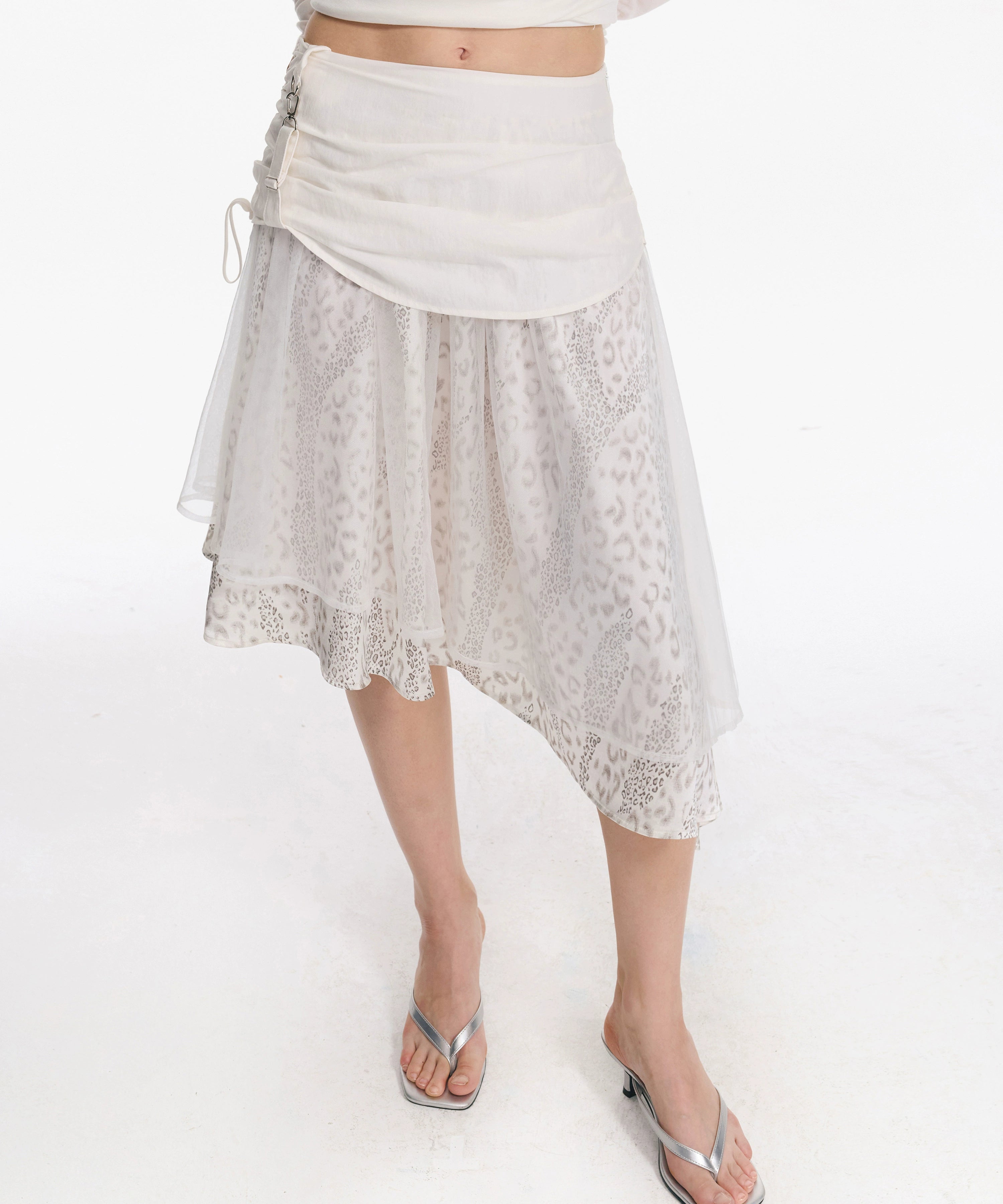 2th Desire 不规则豹纹拼接网纱修身细闪氛围感复古多层半身裙女