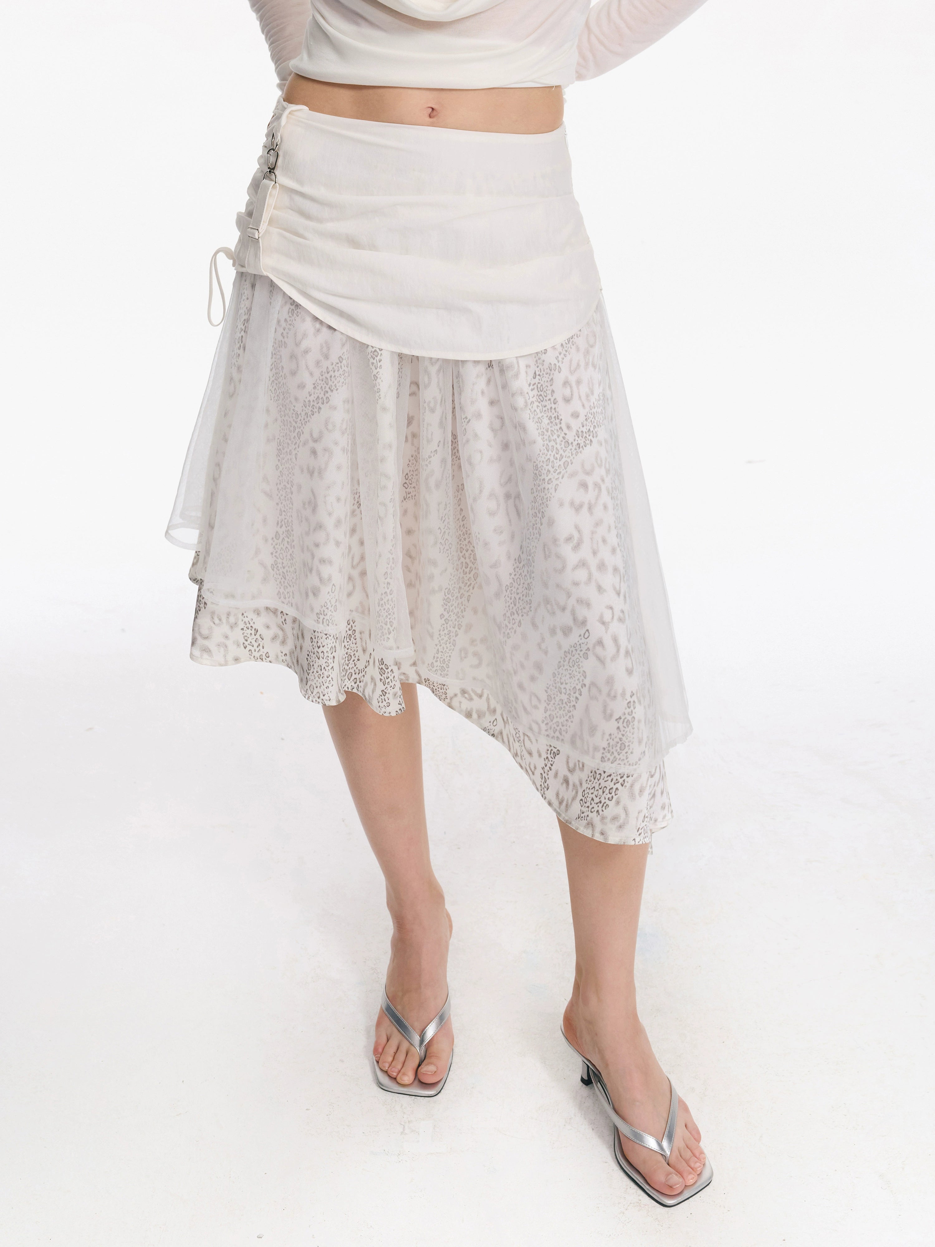 2th Desire 不规则豹纹拼接网纱修身细闪氛围感复古多层半身裙女