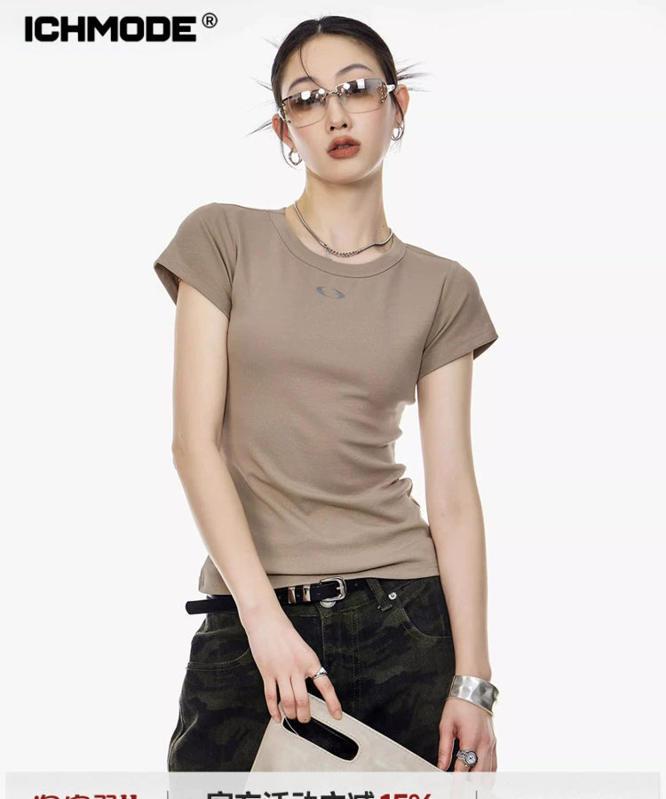 ICH MODE 美式修身短袖T恤女夏季新款流行辣妹短款正肩半袖上衣t