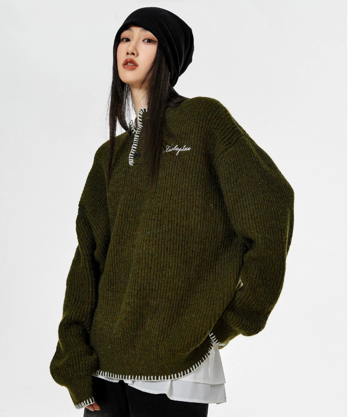 ICH MODE 美式复古亨利领毛衣女2025新款冬季宽松慵懒风针织上衣