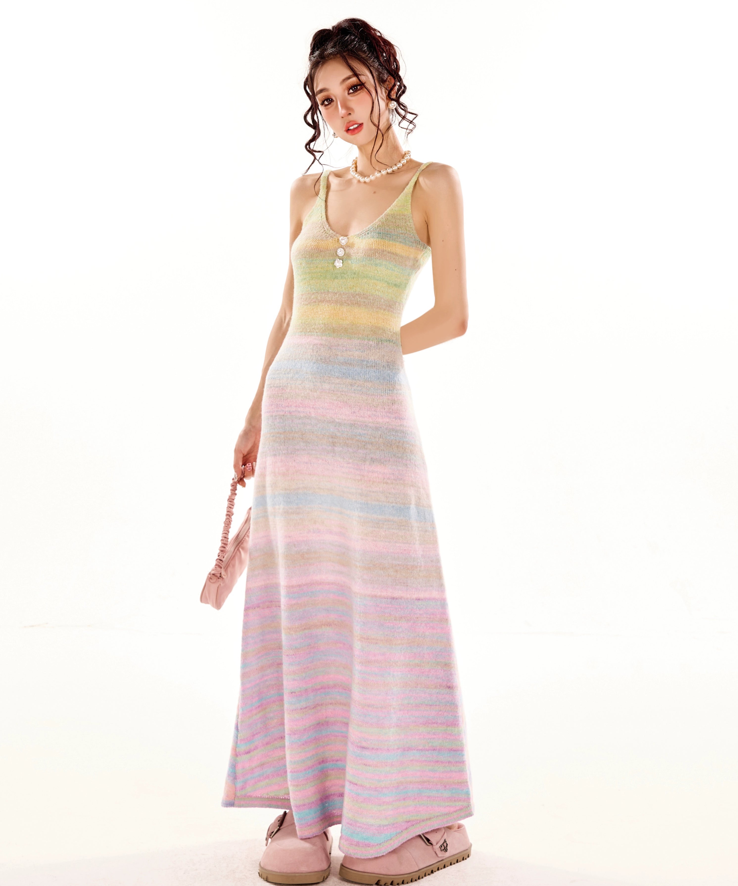 野生zerocircle彩虹v领吊带连衣裙女春夏设计感显瘦修身a字长裙子