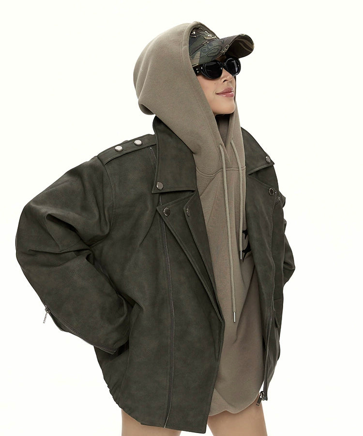 野生zero 美式复古廓形pu皮衣外套女秋冬新款酷飒风机车夹克上衣