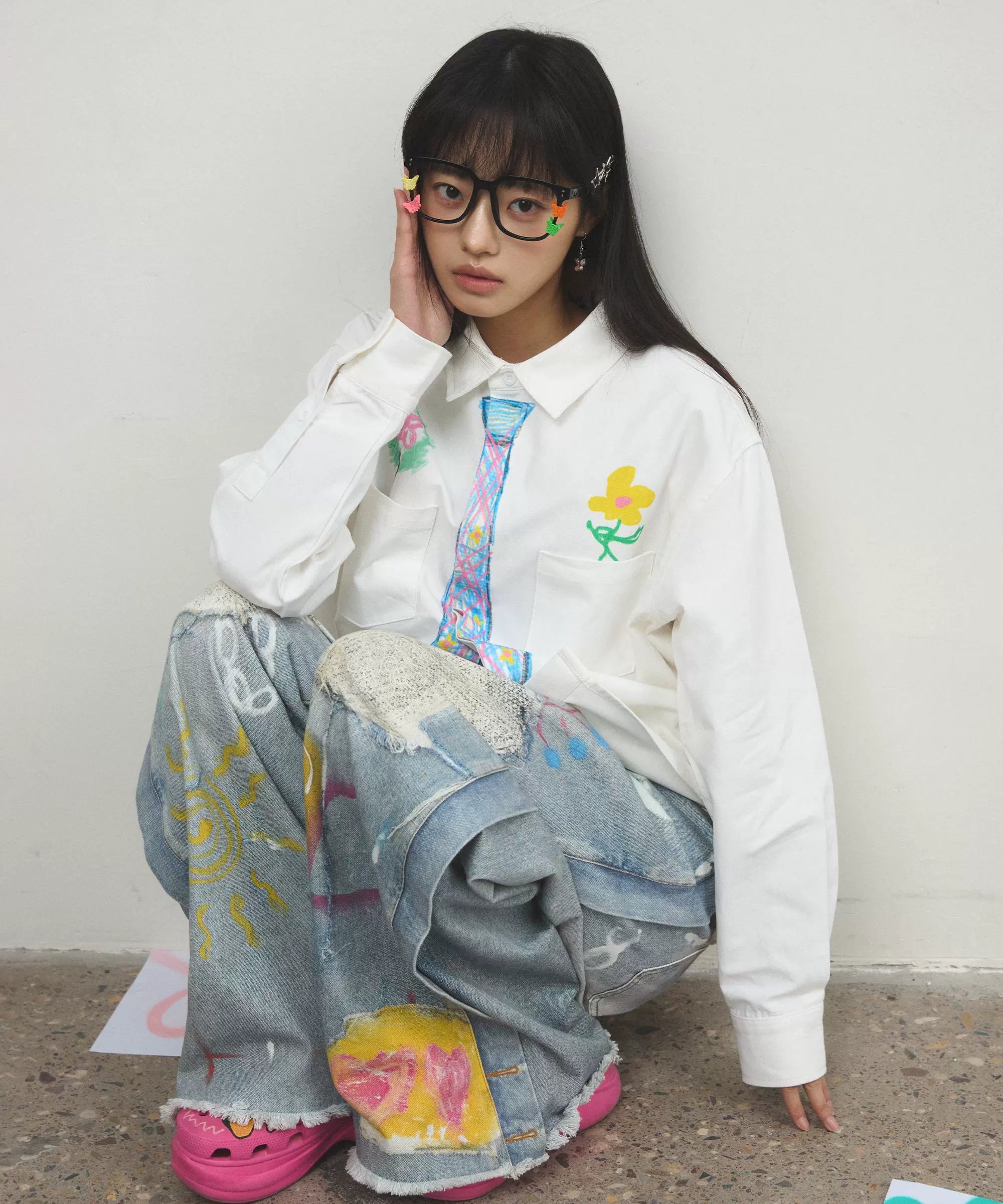 “追梦”| eeee创意设计感蜡笔手绘领带衬衫趣味学院风涂鸦衬衣春