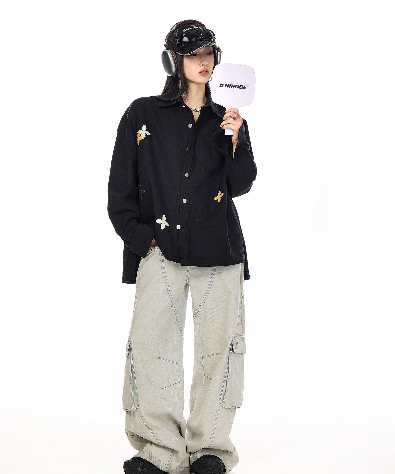 ICH MODE 美式复古刺绣长袖衬衫女2025新款宽松衬衣休闲开衫外套