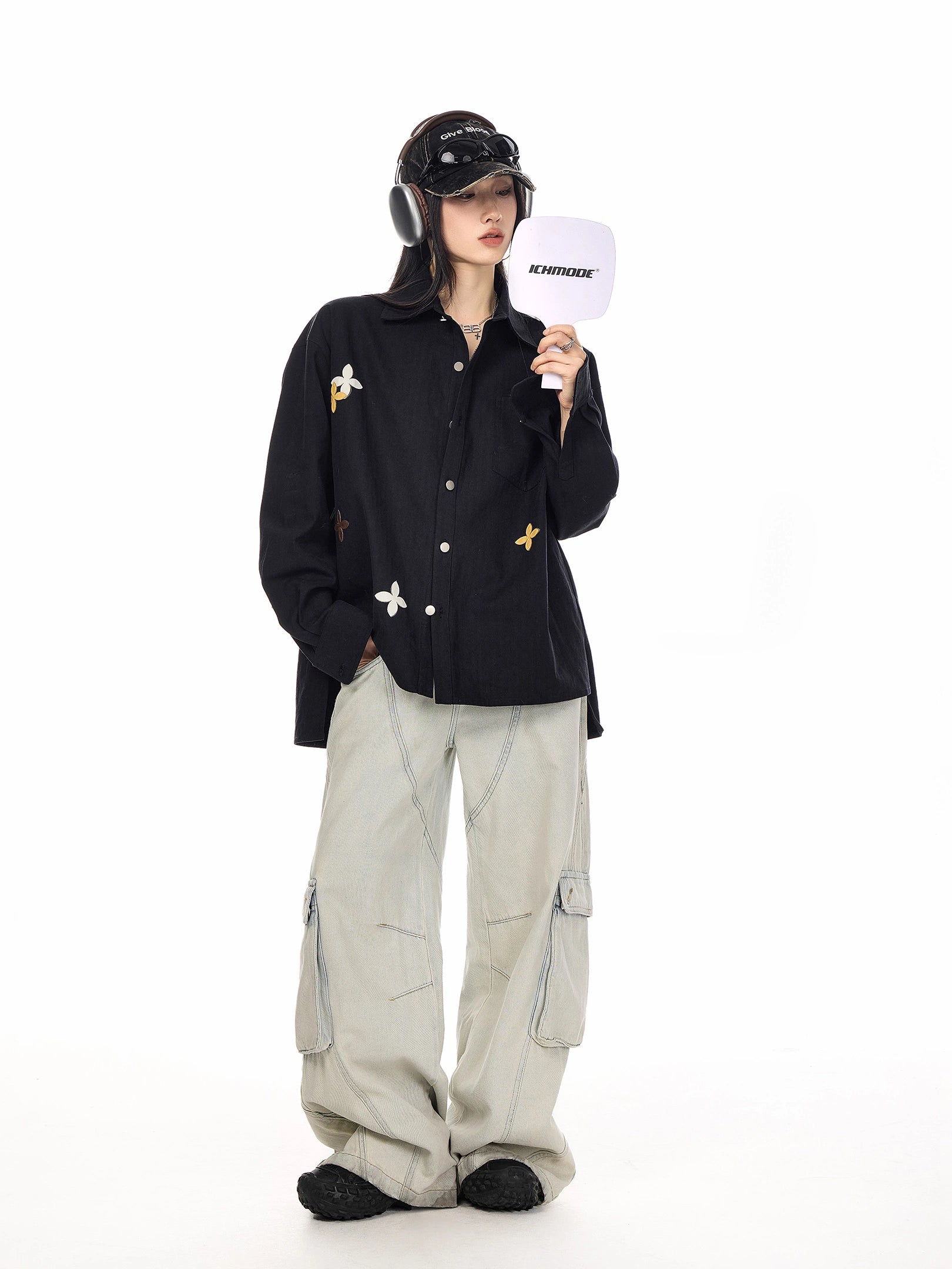 ICH MODE 美式复古刺绣长袖衬衫女2025新款宽松衬衣休闲开衫外套