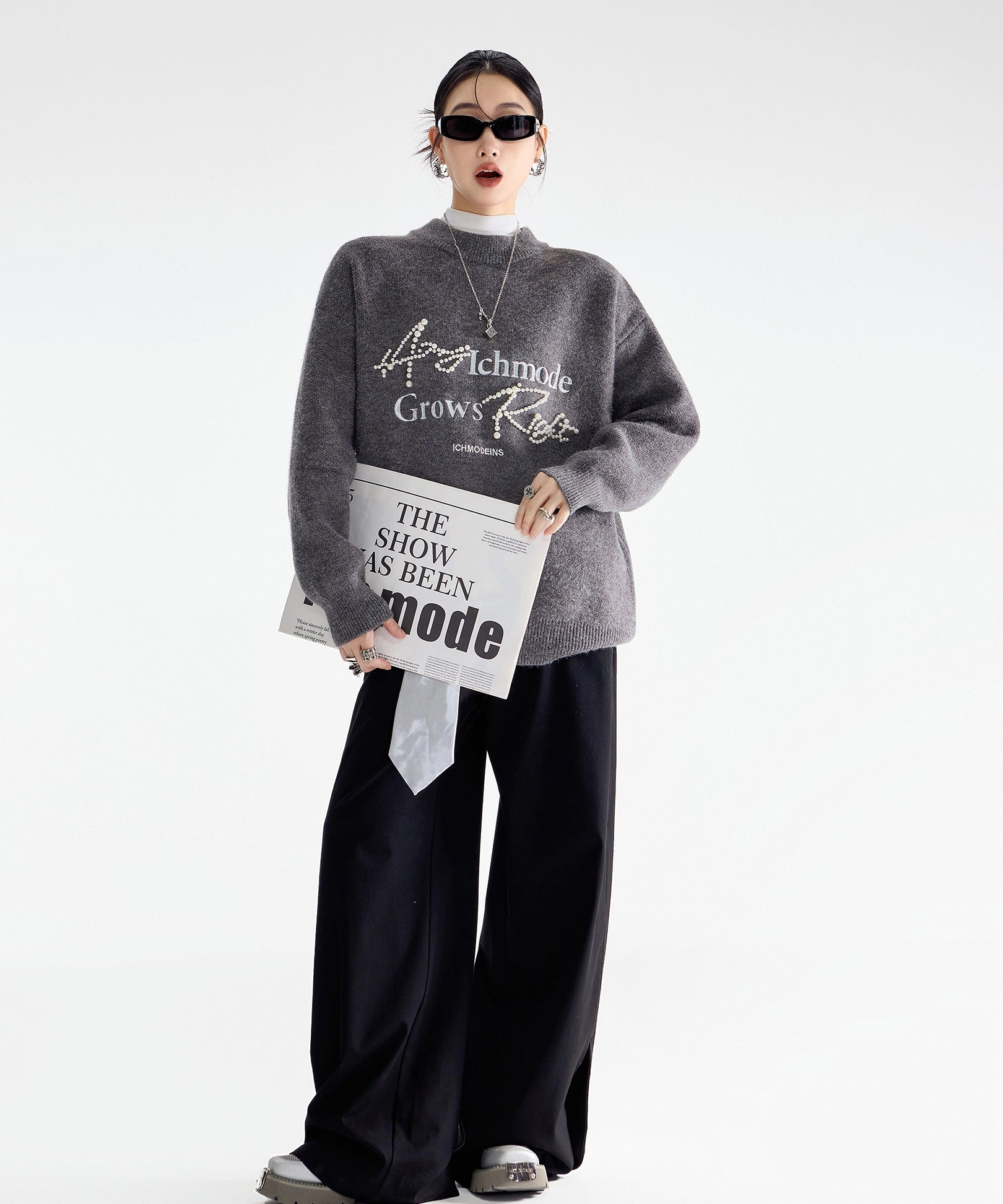 ICH MODE 美式复古珍珠圆领毛衣女秋冬季宽松针织衫慵懒套头上衣