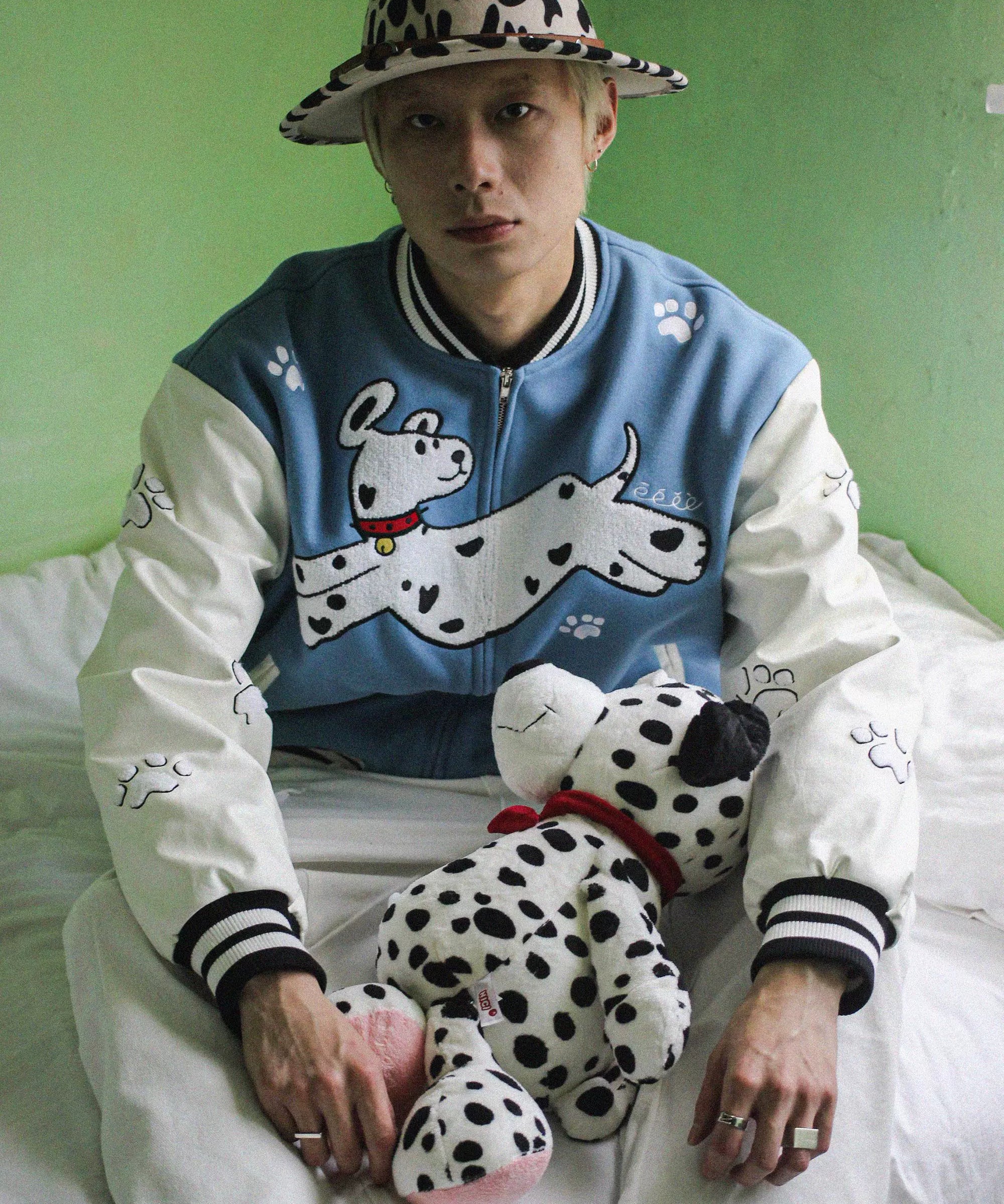 “逃跑小狗” | eeeeArtmonster24FW斑点狗蓝白棒球服棉外套夹克