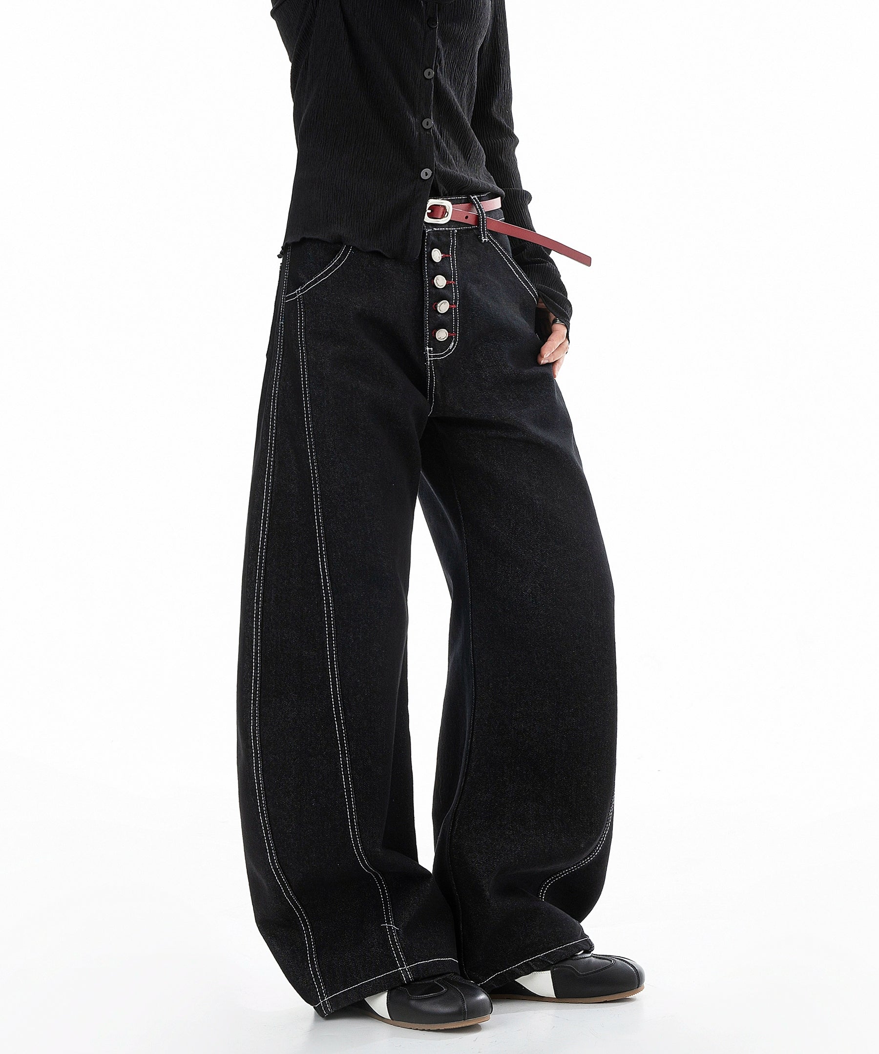 ICH MODE 美式复古宽松牛仔裤女秋冬廊形阔腿弯刀裤休闲直筒长裤