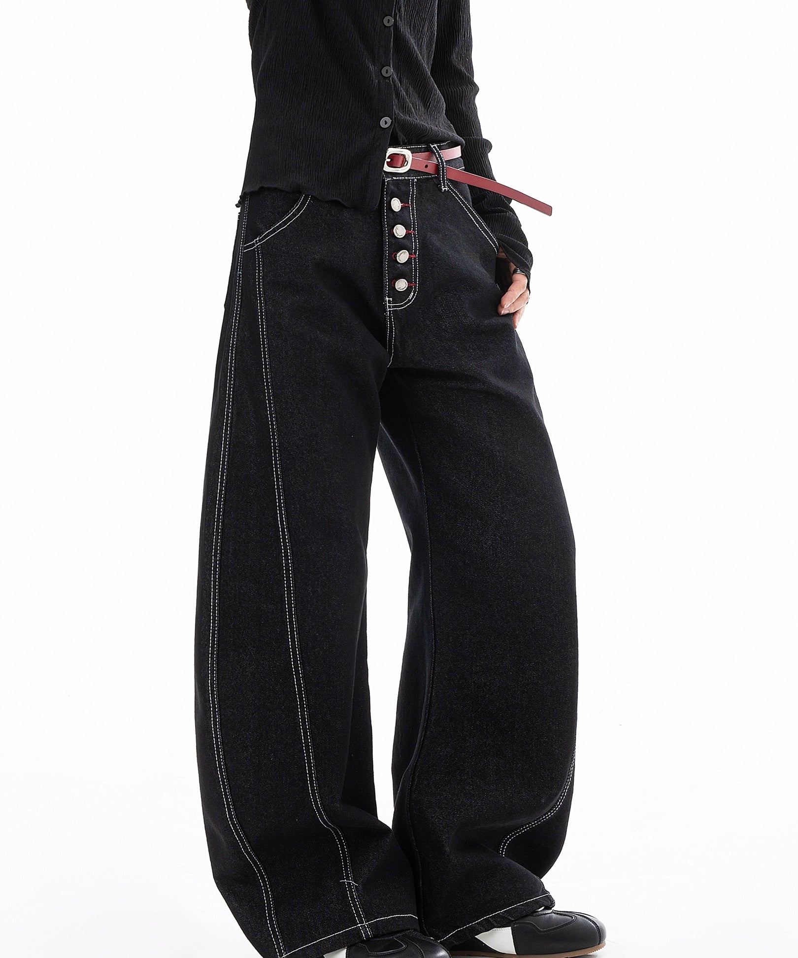 ICH MODE 美式复古宽松牛仔裤女秋冬廊形阔腿弯刀裤休闲直筒长裤