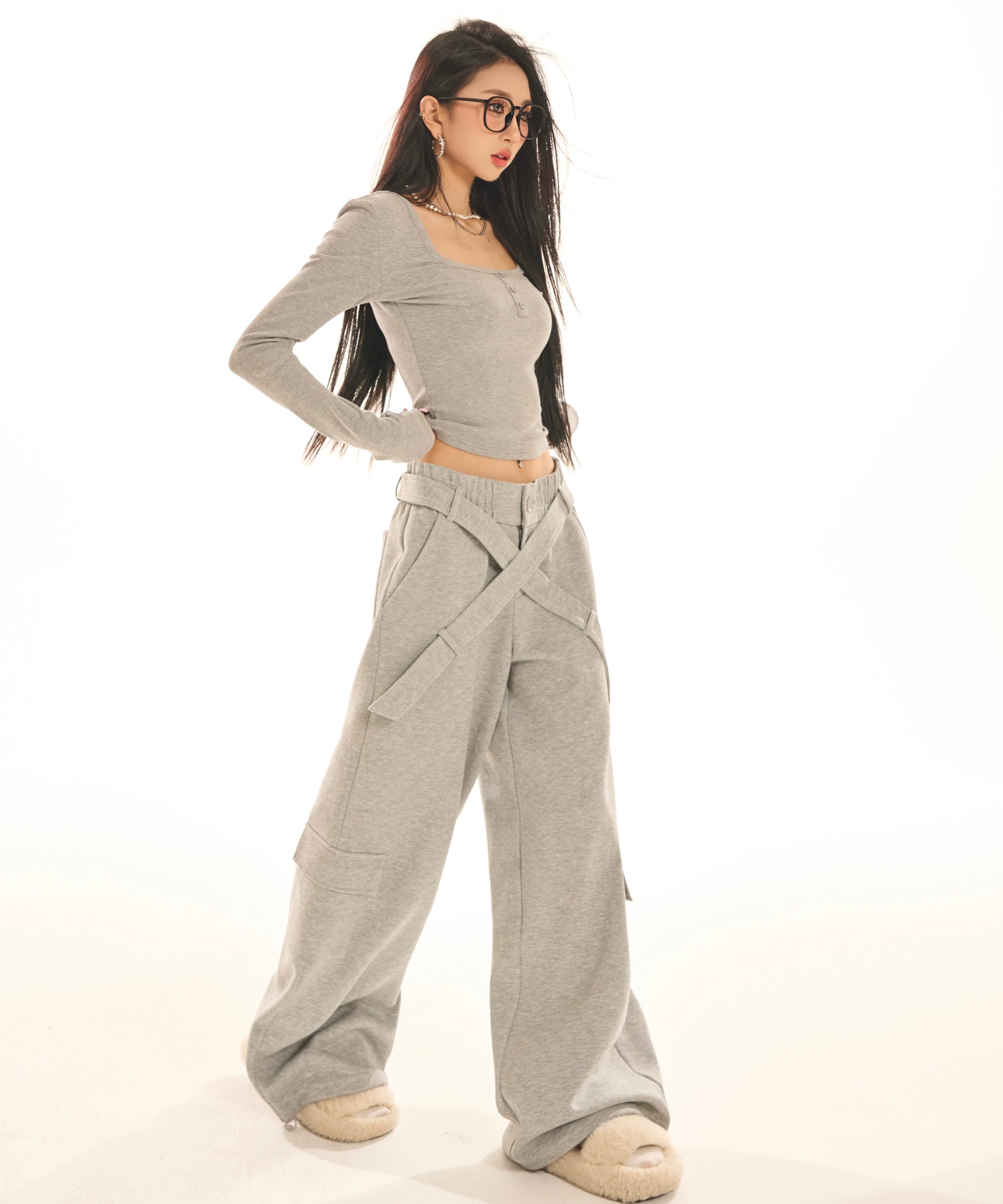 野生zerocircle白黑灰色休闲裤女夏小众低腰显瘦宽松阔腿直筒裤子