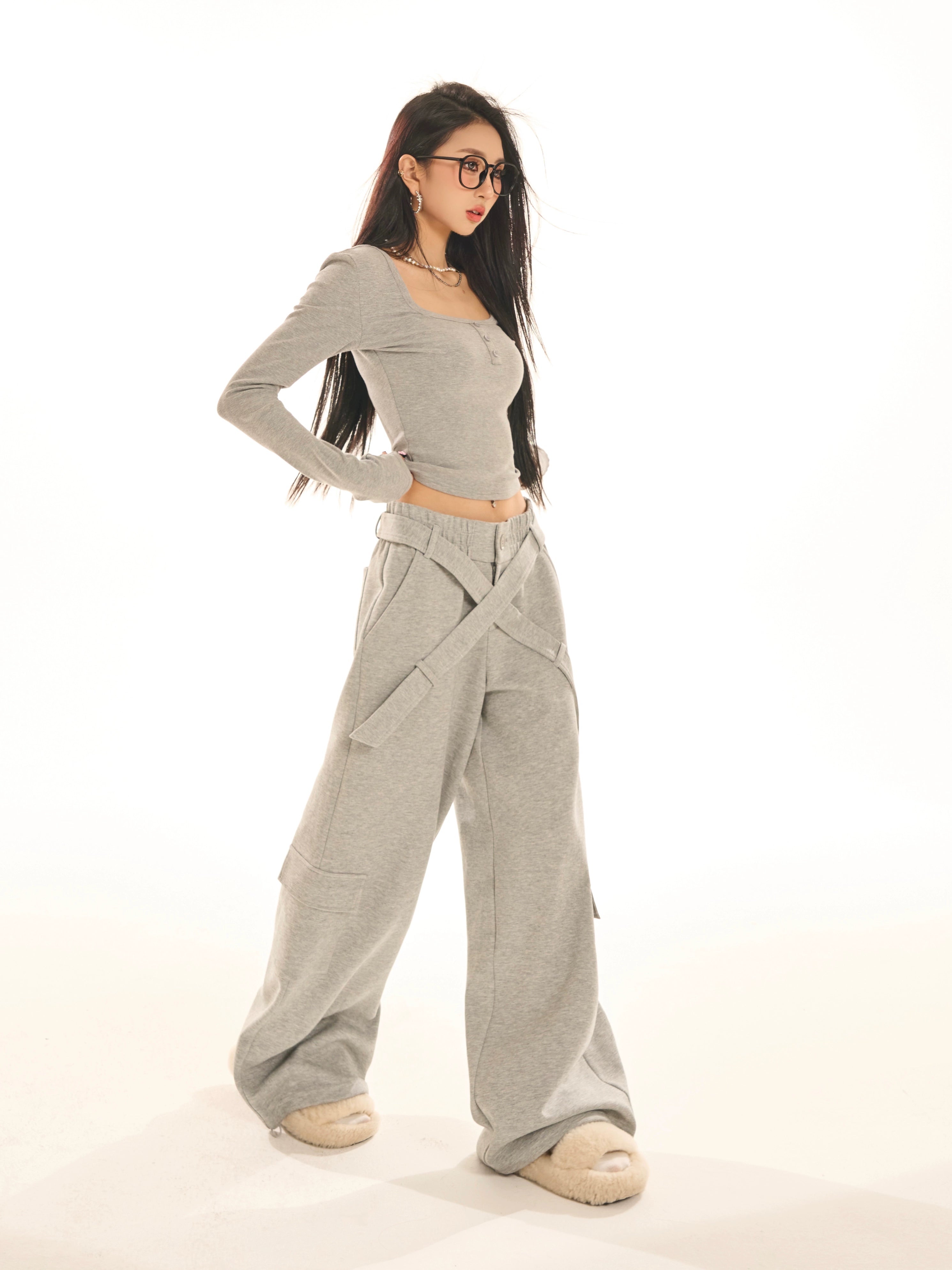 野生zerocircle白黑灰色休闲裤女夏小众低腰显瘦宽松阔腿直筒裤子