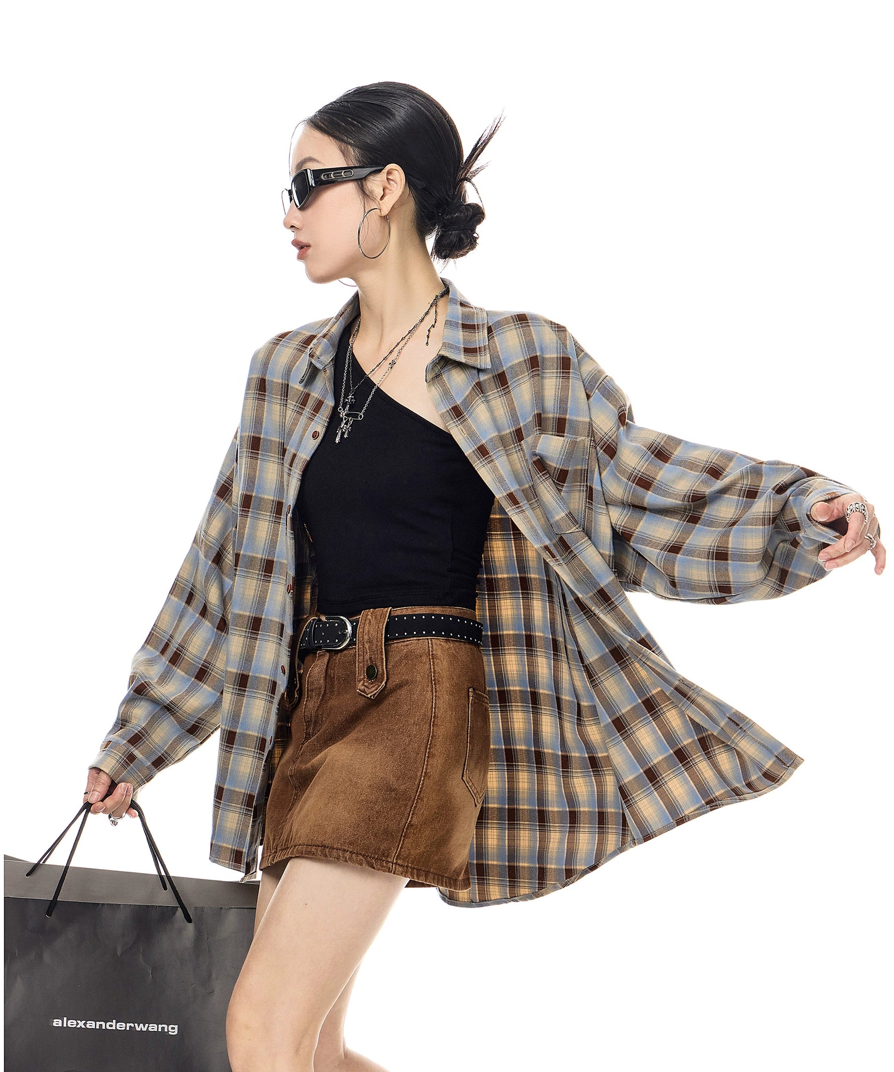 ICH MODE 美式复古休闲格子衬衫女2025新款宽松衬衣外套翻领上衣