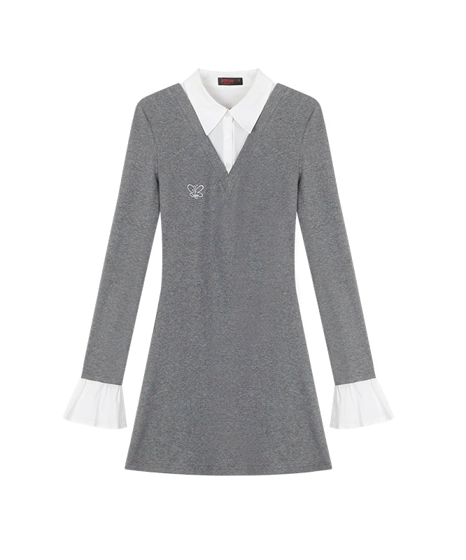 野生zero黑灰色假两件长袖衬衫连衣裙女秋冬款收腰打底针织中裙子